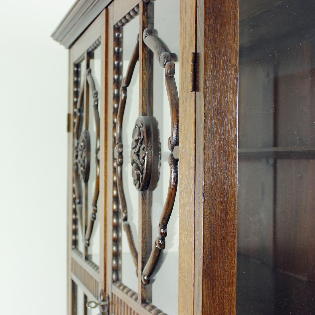 Art Deco Tall Showcase in Oak and Glass, Czechoslovakia, 1910s 8