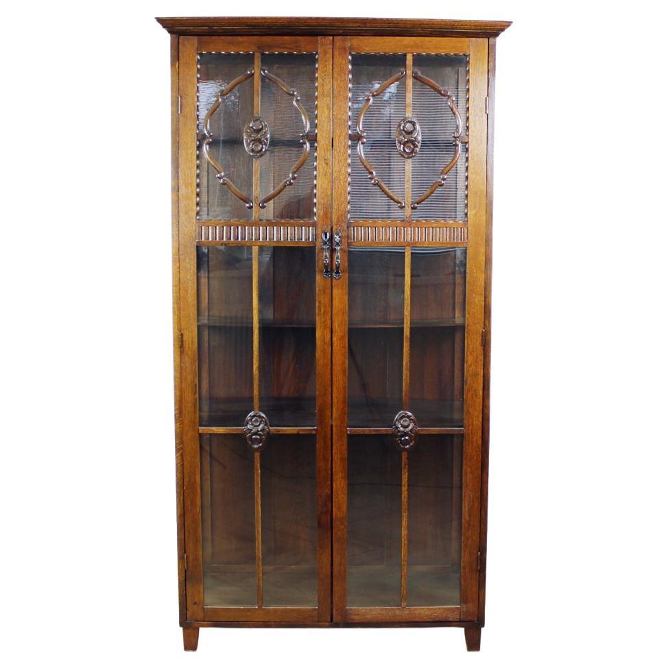 Art Deco Tall Showcase in Oak and Glass, Czechoslovakia, 1910s