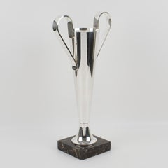 Art Deco Tall Silver Plate Vase with Handles on Marble Base, France 1930s