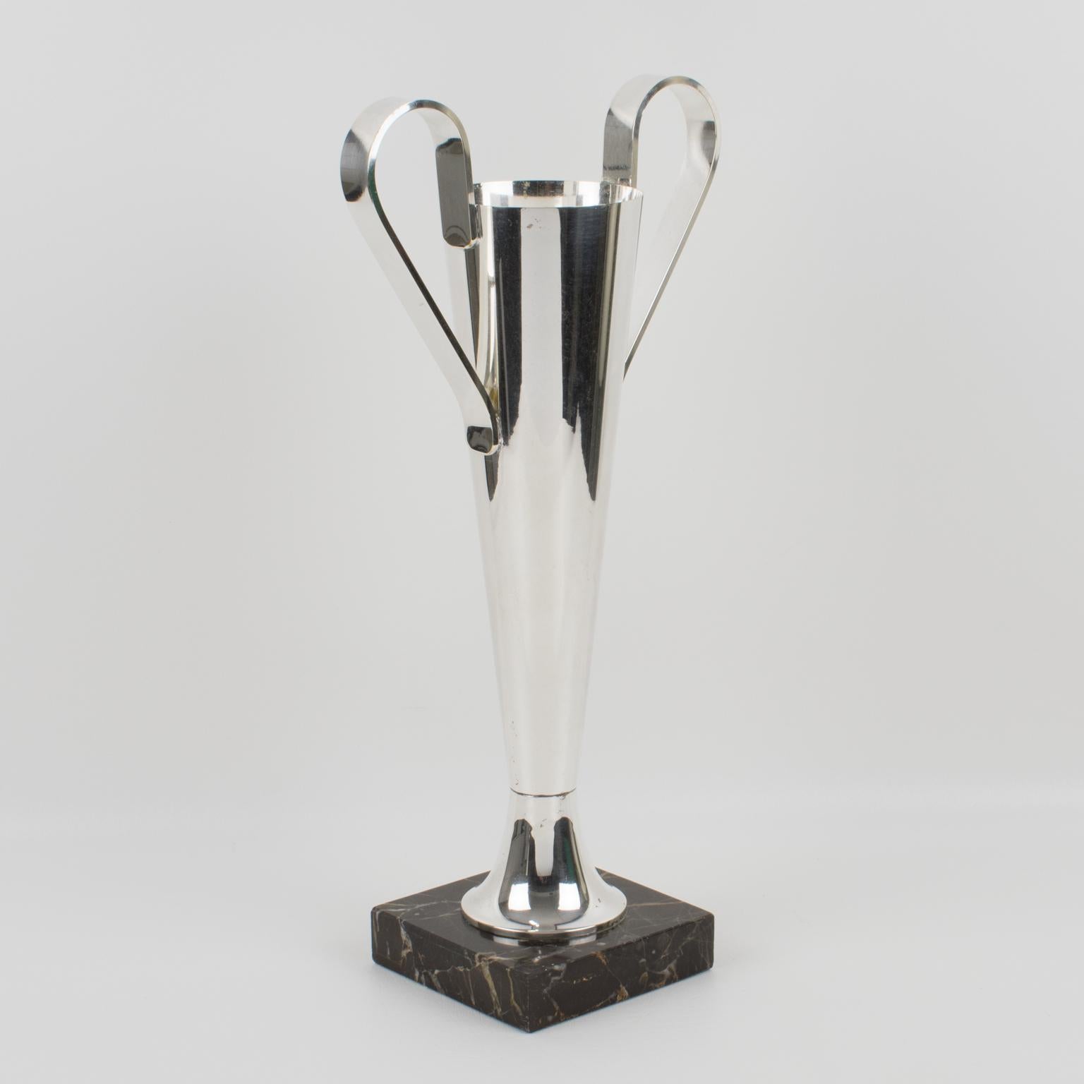 French Art Deco Tall Silver Plate Vase with Handles on Marble Base, France 1930s For Sale