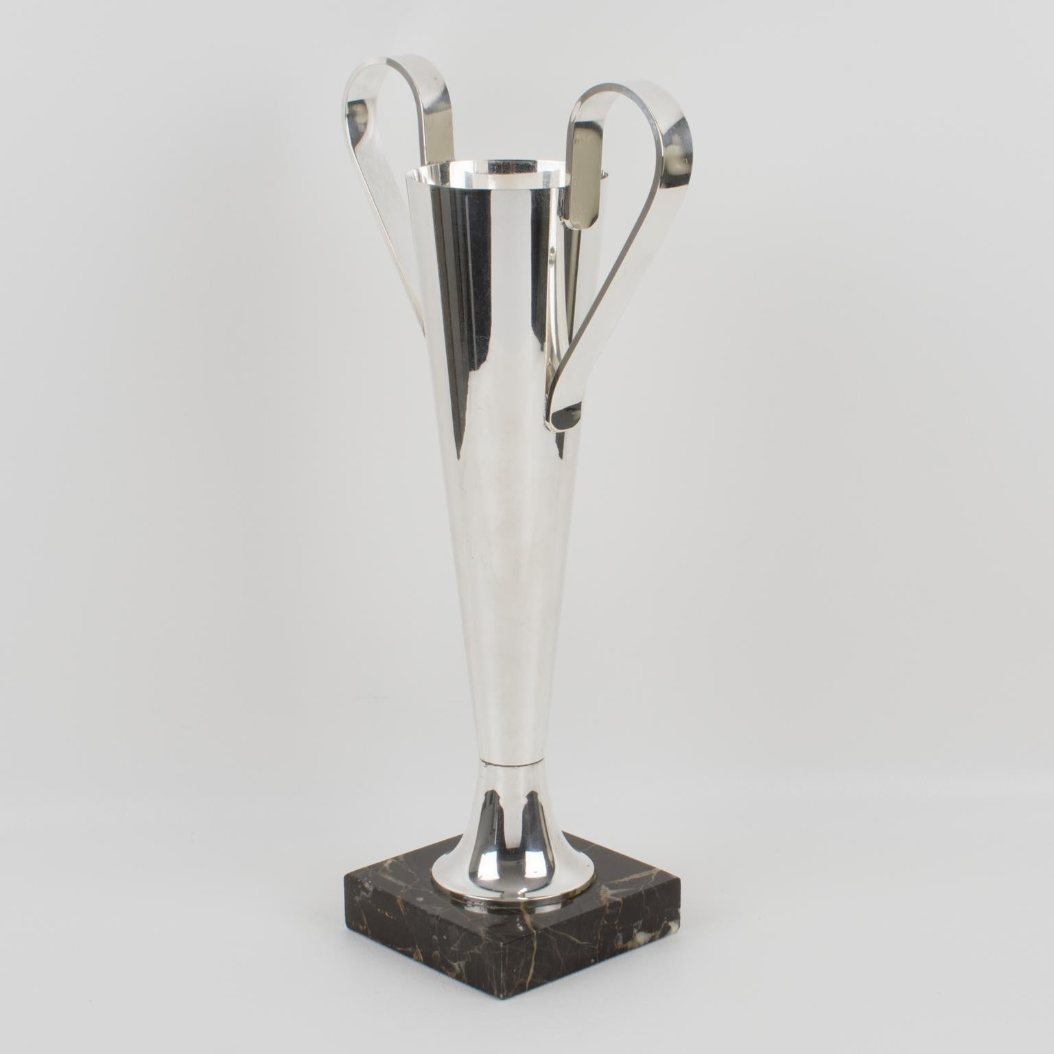 Polished Art Deco Tall Silver Plate Vase with Handles on Marble Base, France 1930s For Sale
