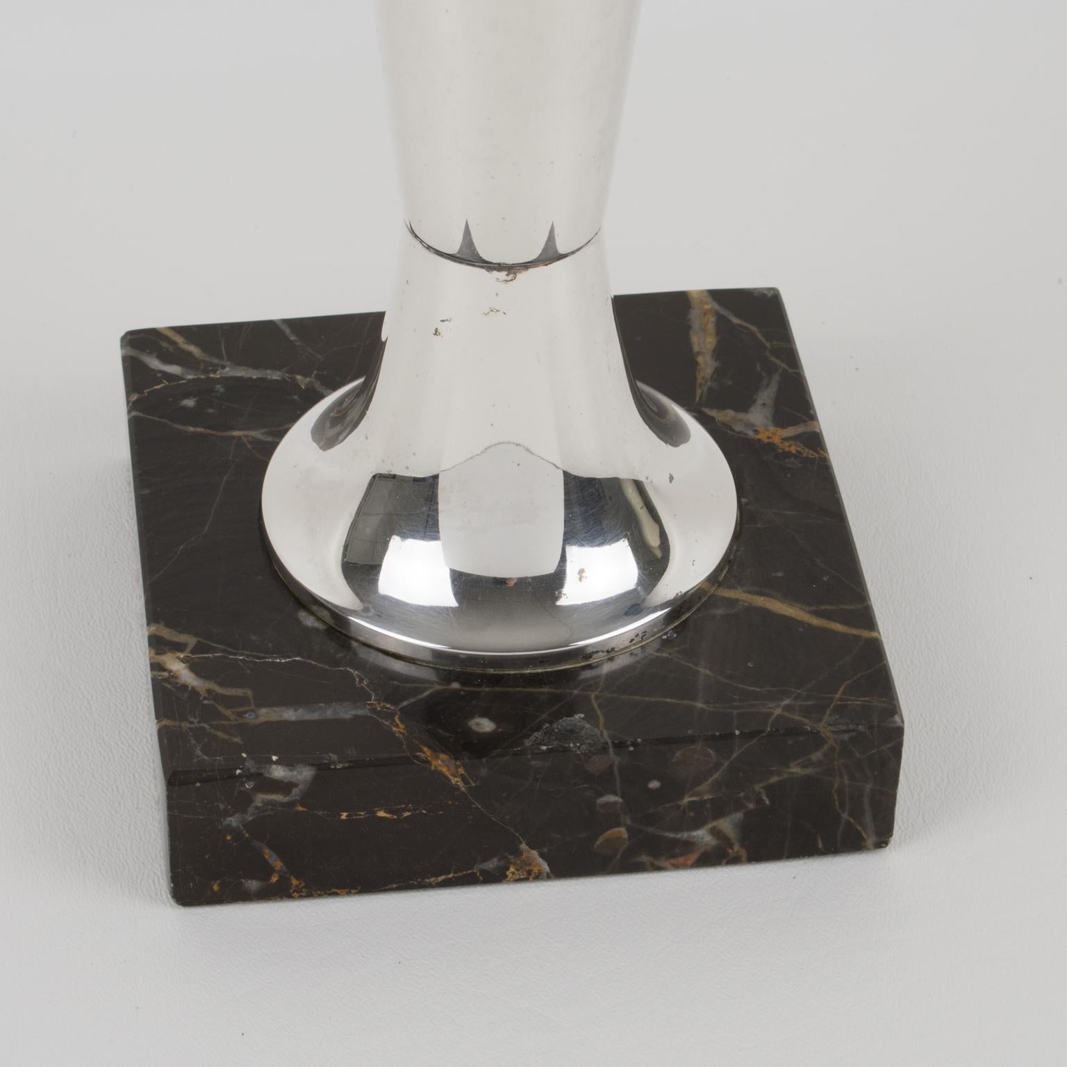 Art Deco Tall Silver Plate Vase with Handles on Marble Base, France 1930s In Good Condition For Sale In Atlanta, GA