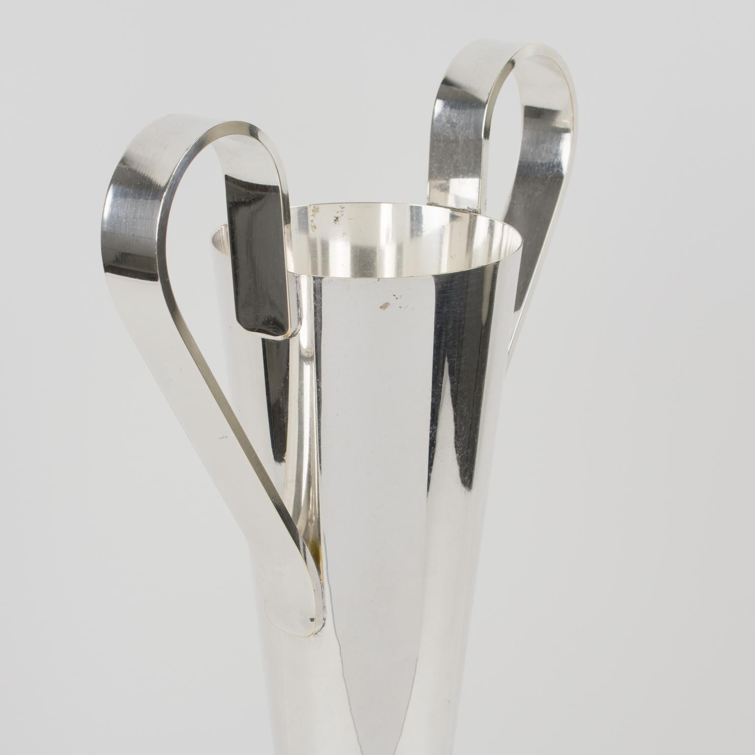 Metal Art Deco Tall Silver Plate Vase with Handles on Marble Base, France 1930s For Sale