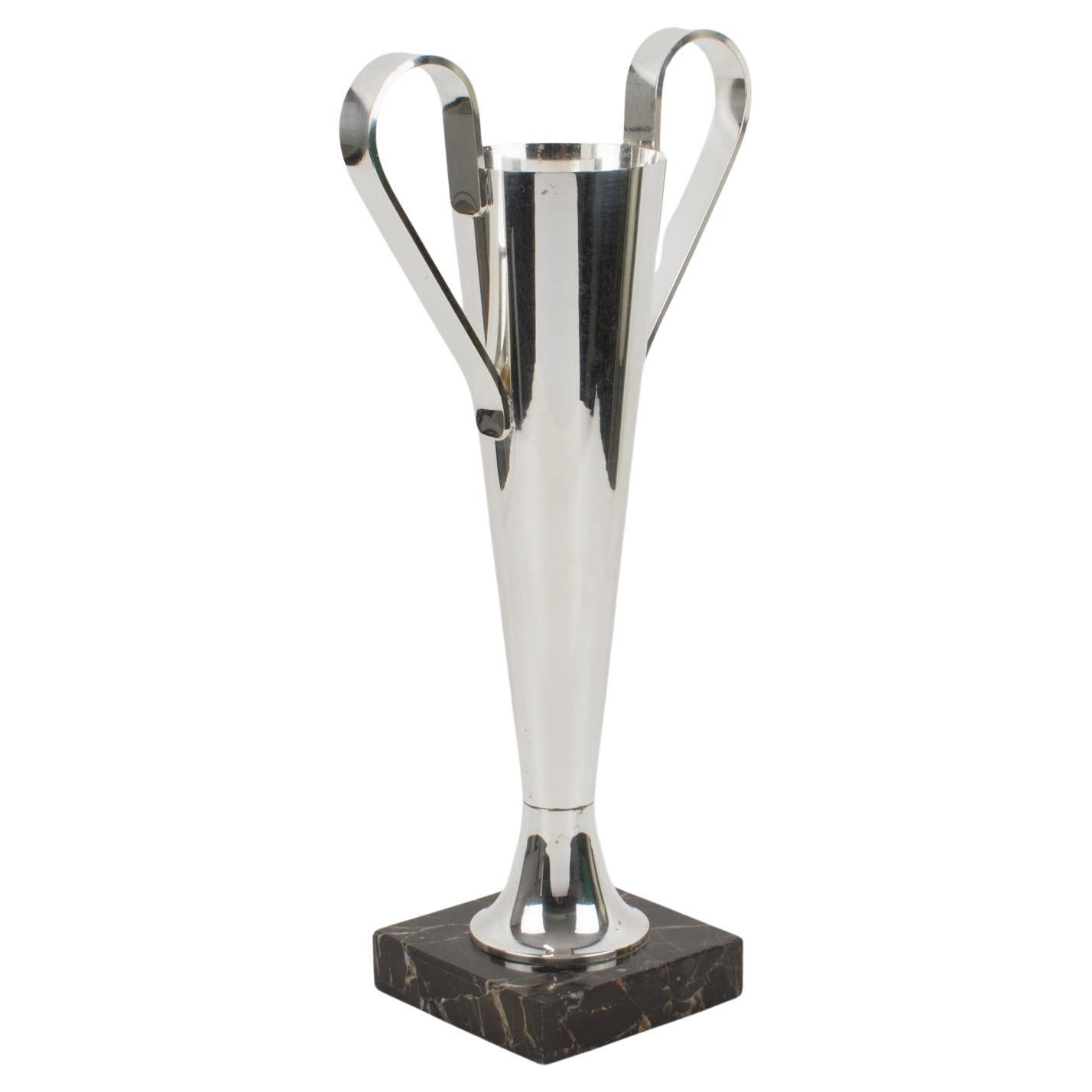 Art Deco Tall Silver Plate Vase with Handles on Marble Base, France 1930s For Sale