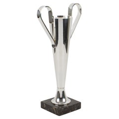 Art Deco Tall Silver Plate Vase with Handles on Marble Base, France 1930s