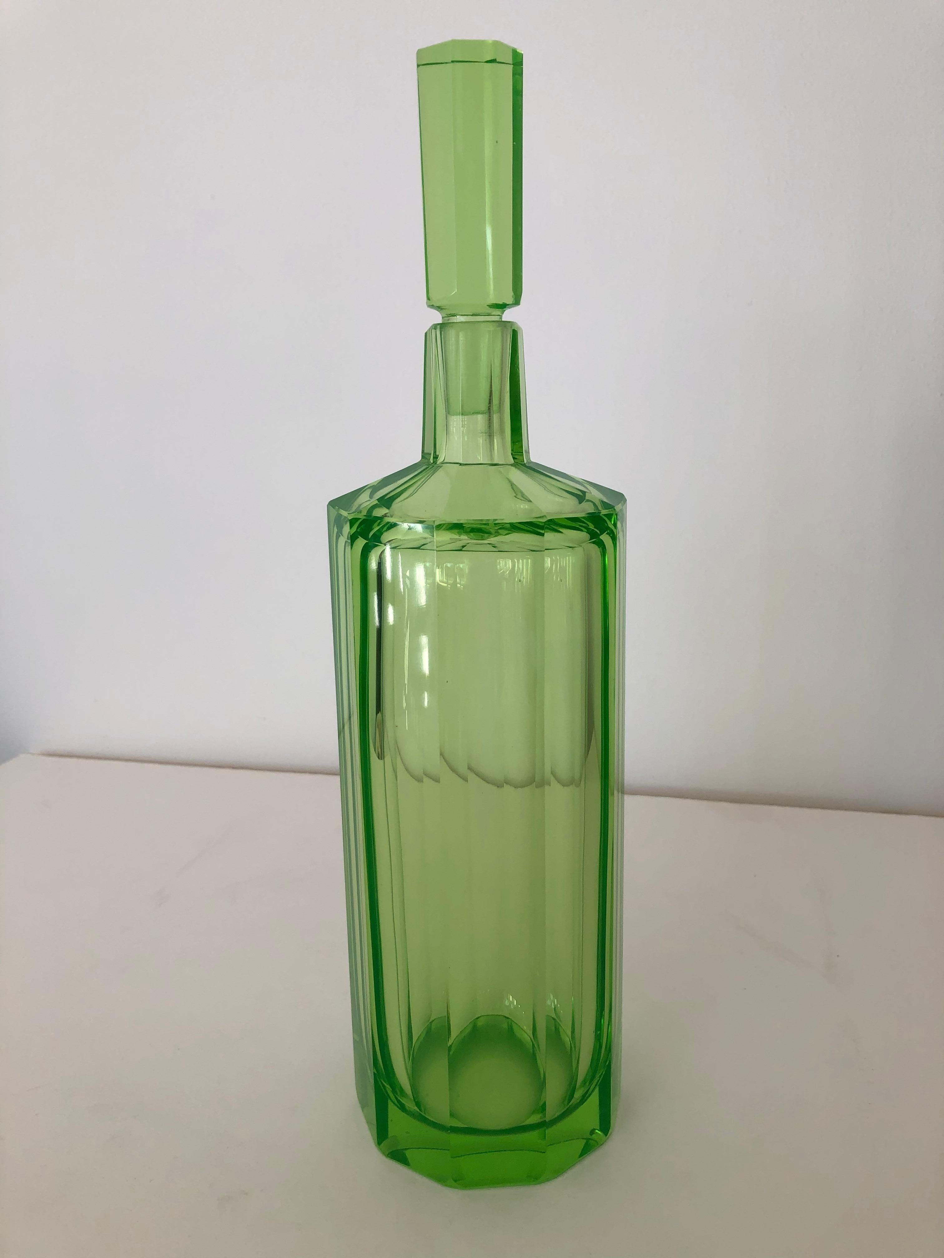 Art Deco tall slender Vaseline glass Moser style unsigned faceted panel decanter / large cologne bottle, with elegant stopper.