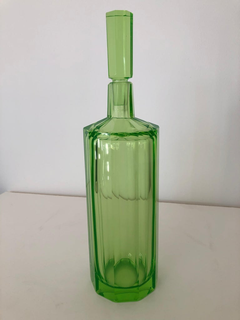 Art Deco Tall Slender Vaseline Glass Decanter / Cologne Bottle For Sale