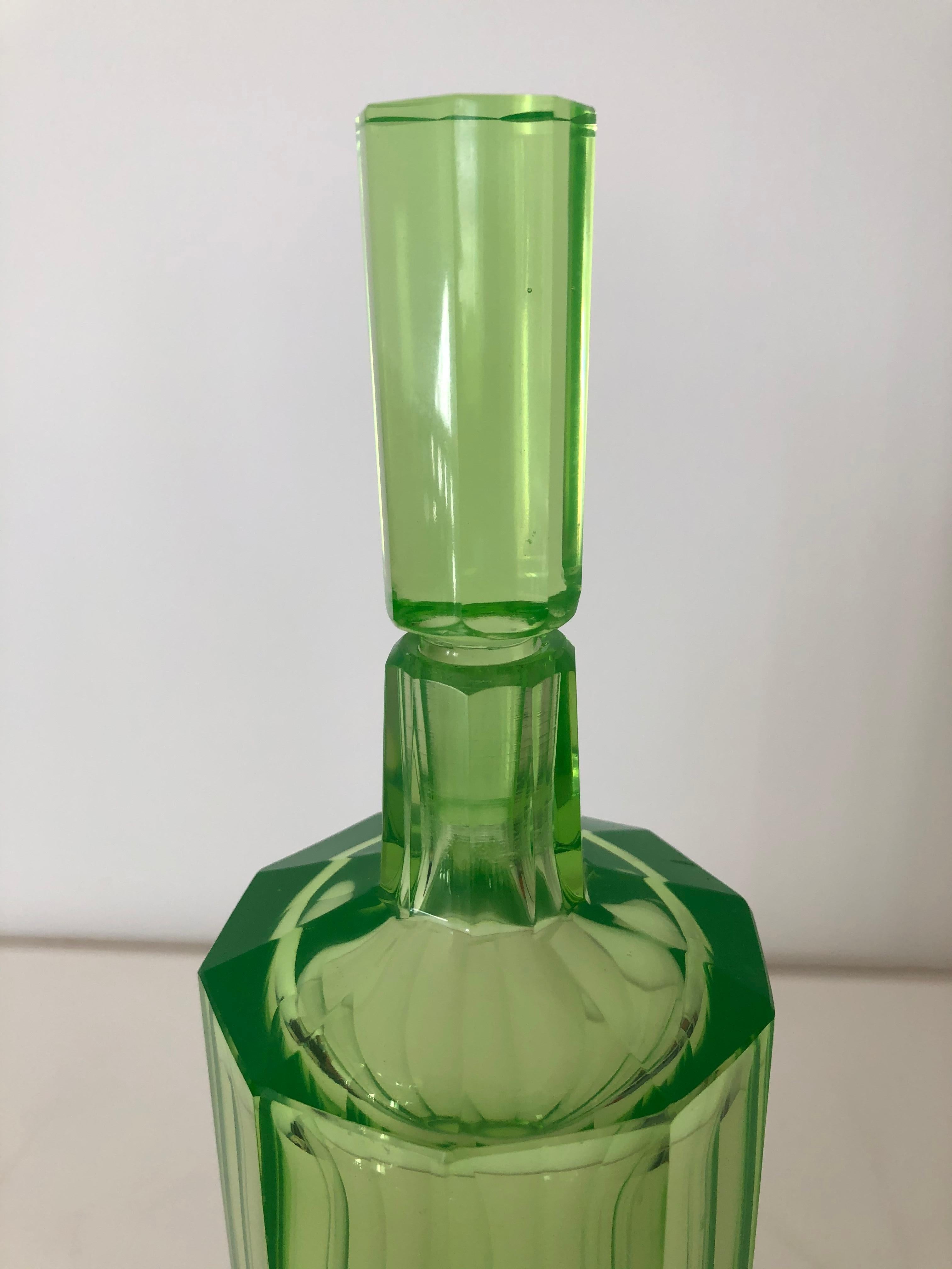 Austrian Art Deco Tall Slender Vaseline Glass Decanter / Cologne Bottle For Sale