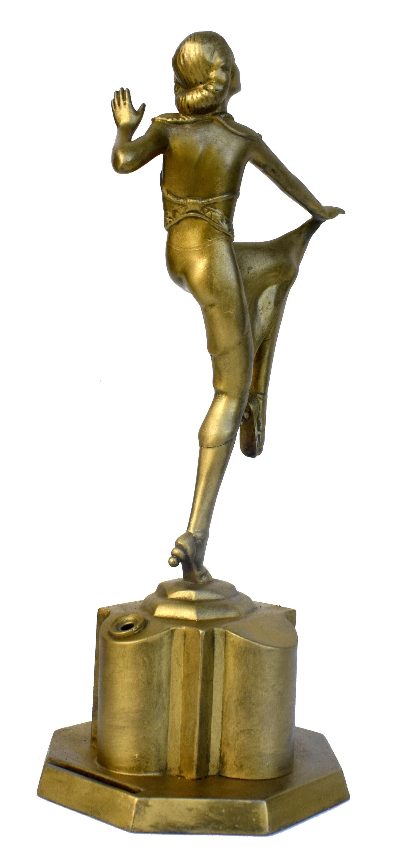 Art Deco Tall Spelter Female Table Lighter, C1930 In Good Condition In Devon, England