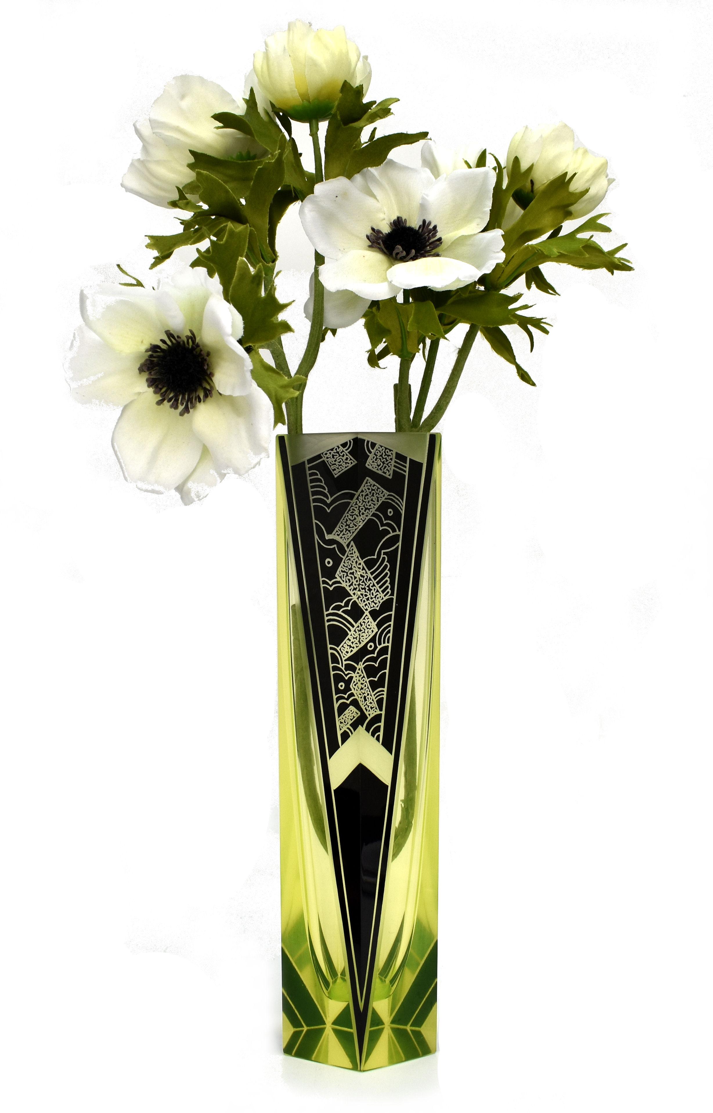 20th Century Art Deco Tall Uranium Glass Vase By Karl Palda, c1930