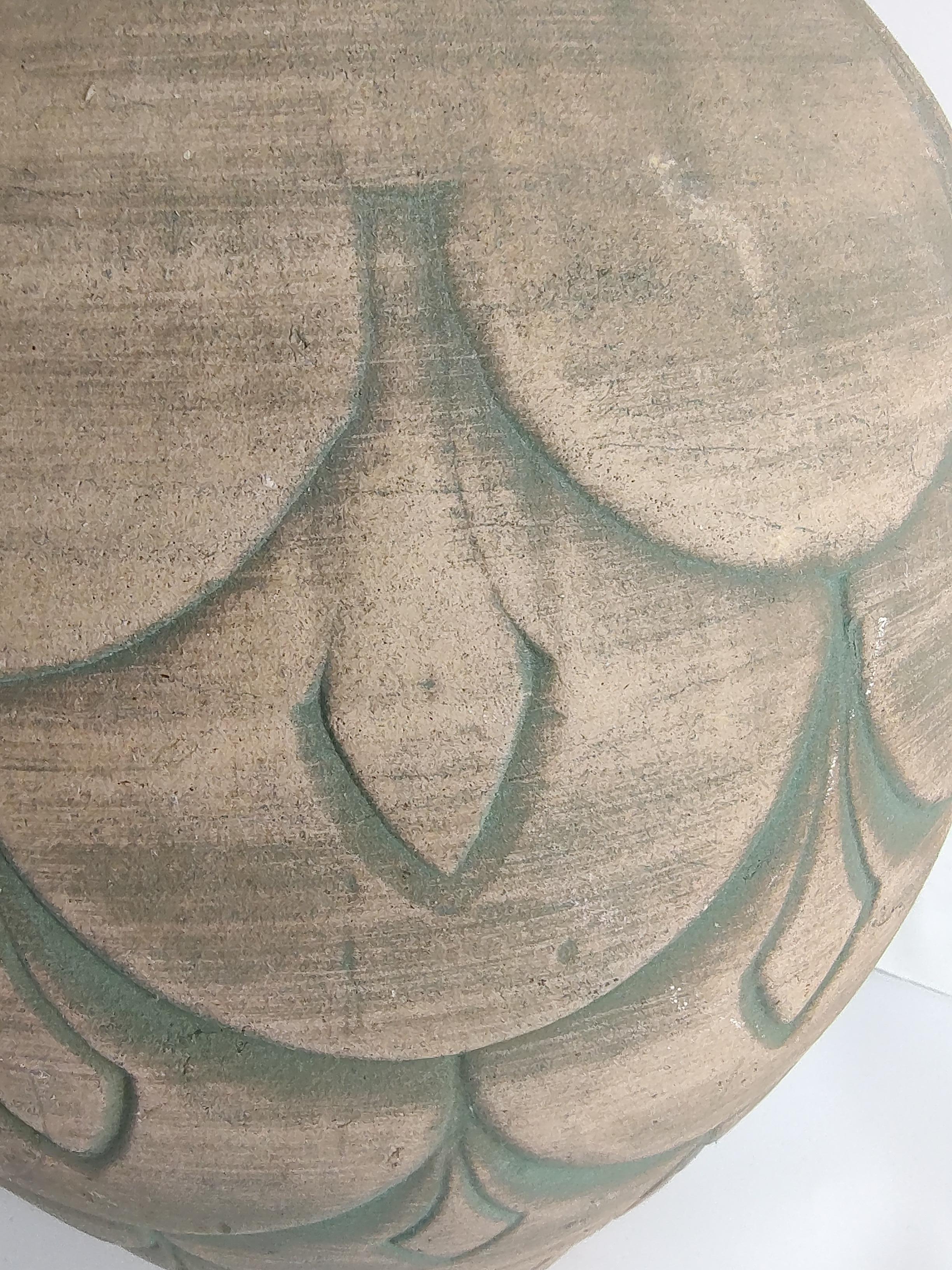 Unglazed Art Deco Tall Yellow Stone Artichoke Leaf Design Vase C 1930 For Sale