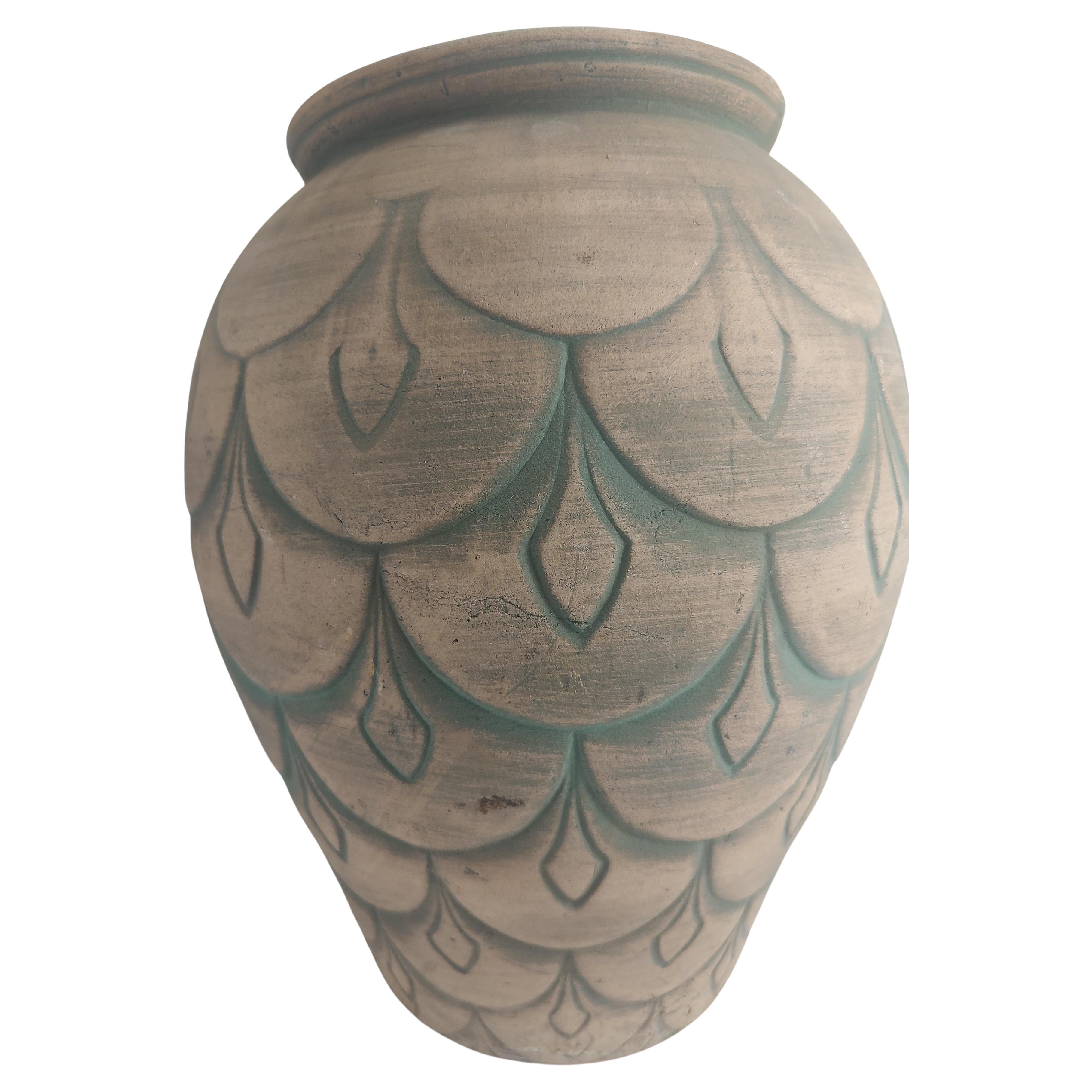 Art Deco Tall Yellow Stone Artichoke Leaf Design Vase C 1930 For Sale