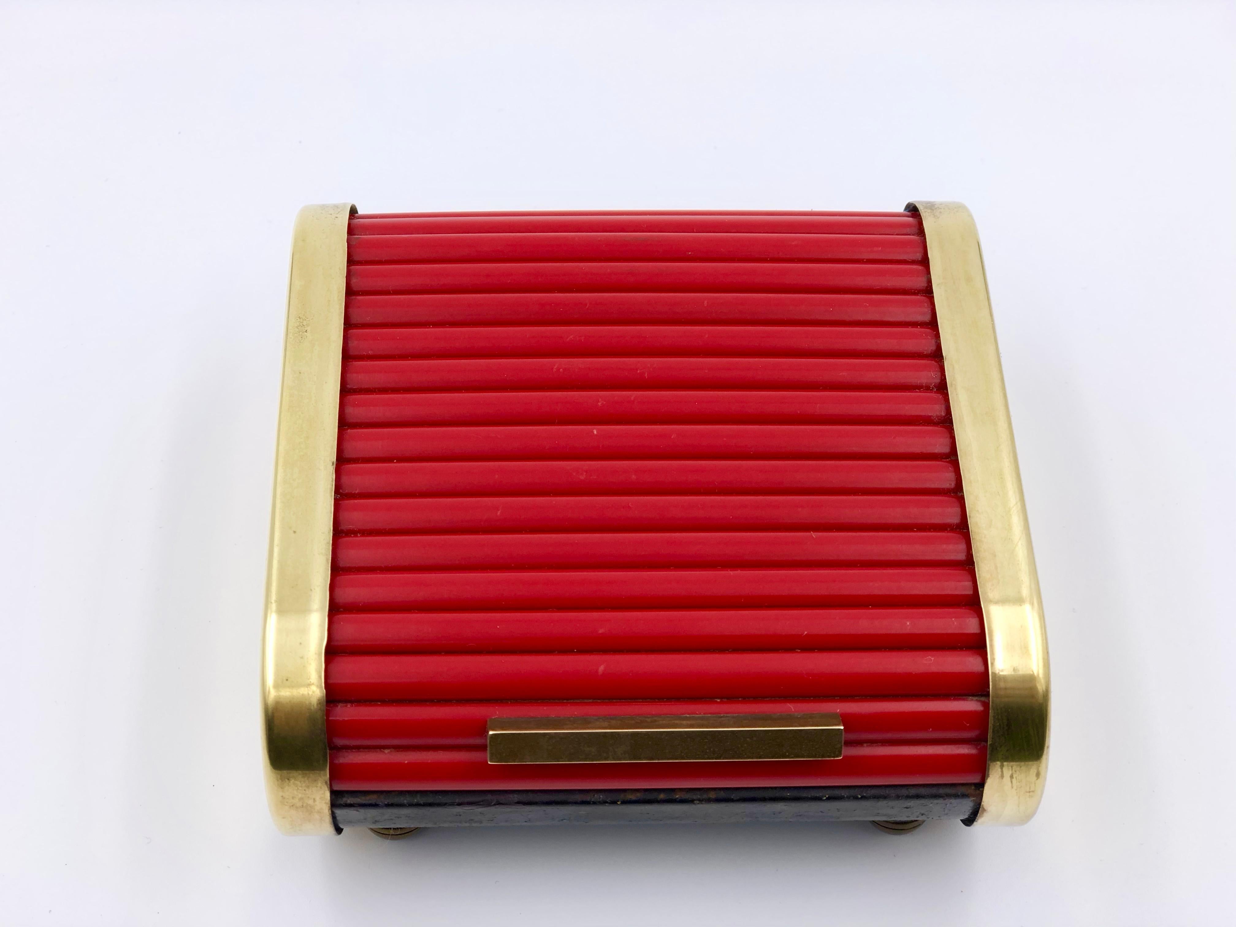American Art Deco Tambour Top Desk Caddy of Red Bakelite and Brass by Park Sherman
