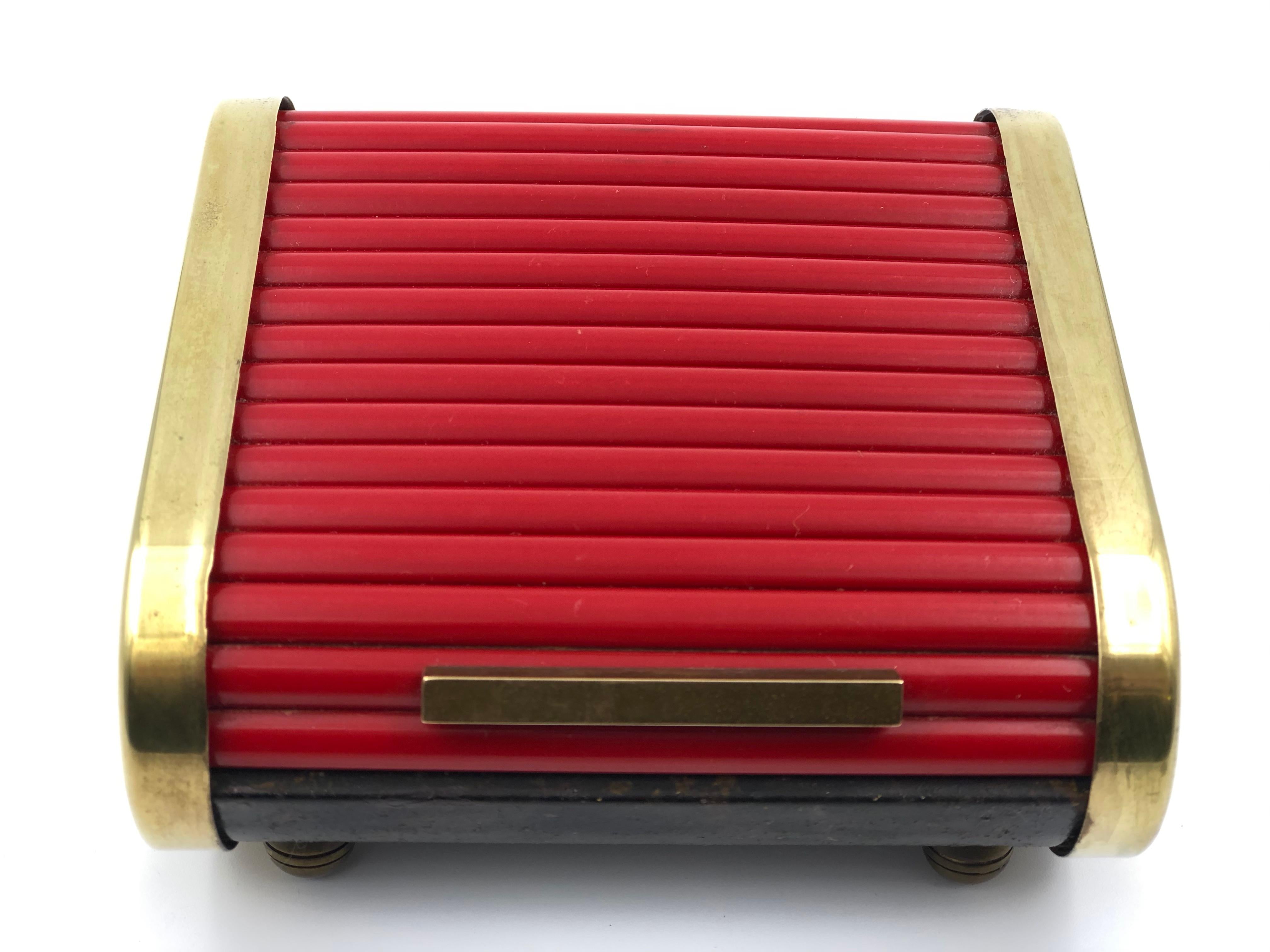 20th Century Art Deco Tambour Top Desk Caddy of Red Bakelite and Brass by Park Sherman