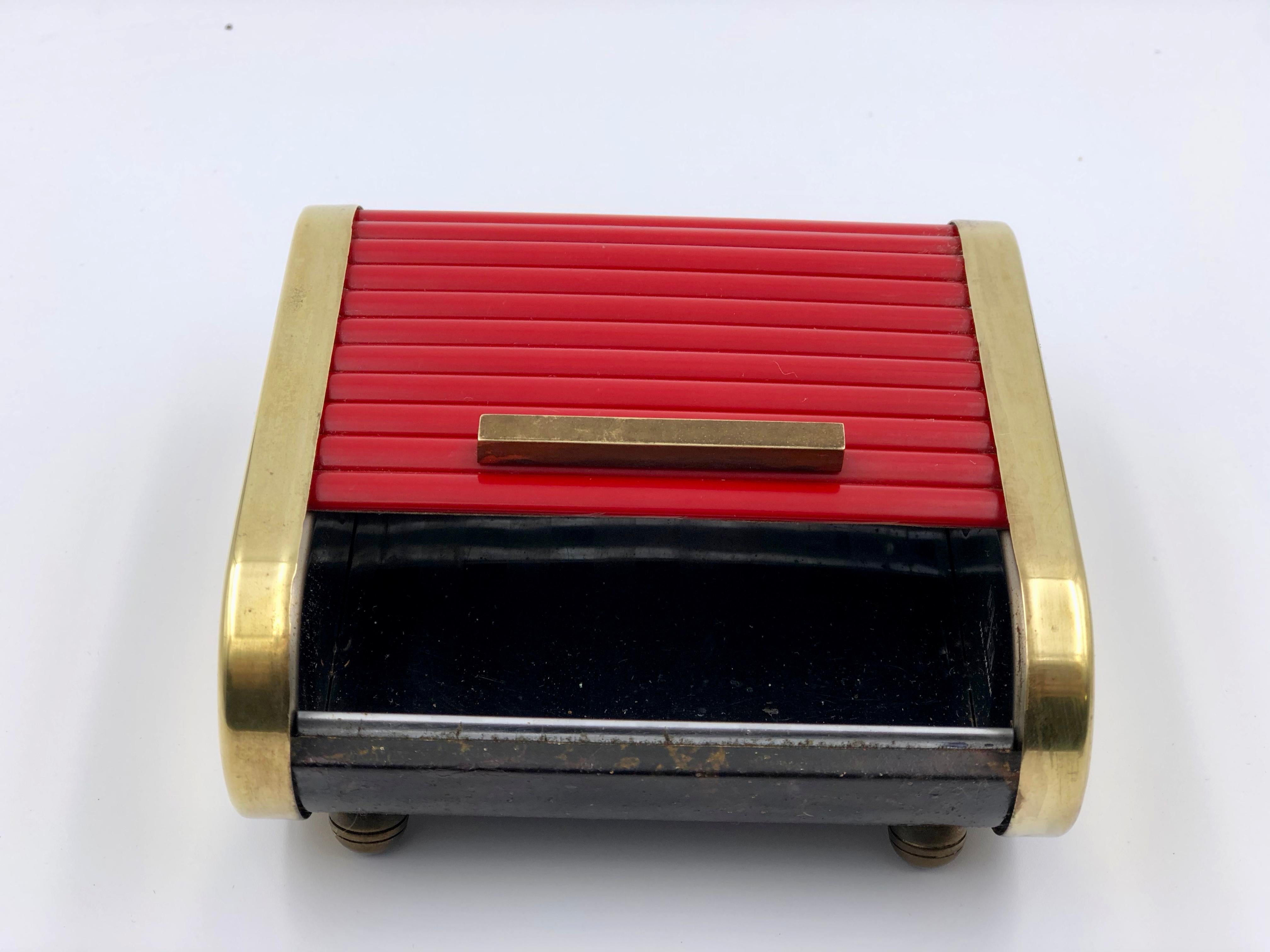 Art Deco Tambour Top Desk Caddy of Red Bakelite and Brass by Park Sherman 1