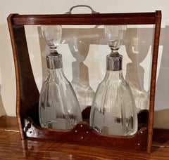 Art Deco Tantalus Set with 2 Geometric Etched Bottles