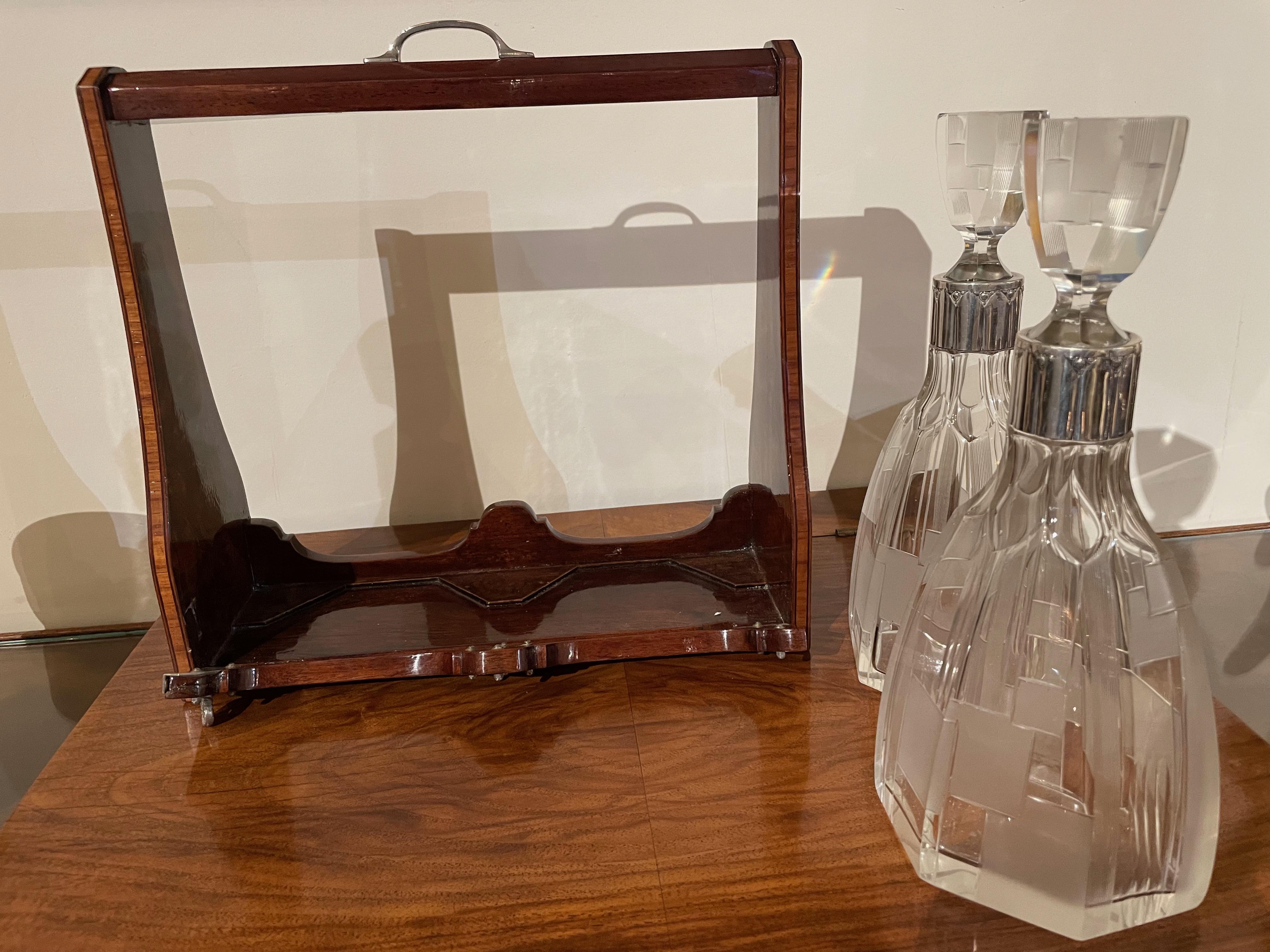 Glass Art Deco Tantalus Set with 2 Geometric Etched Bottles For Sale