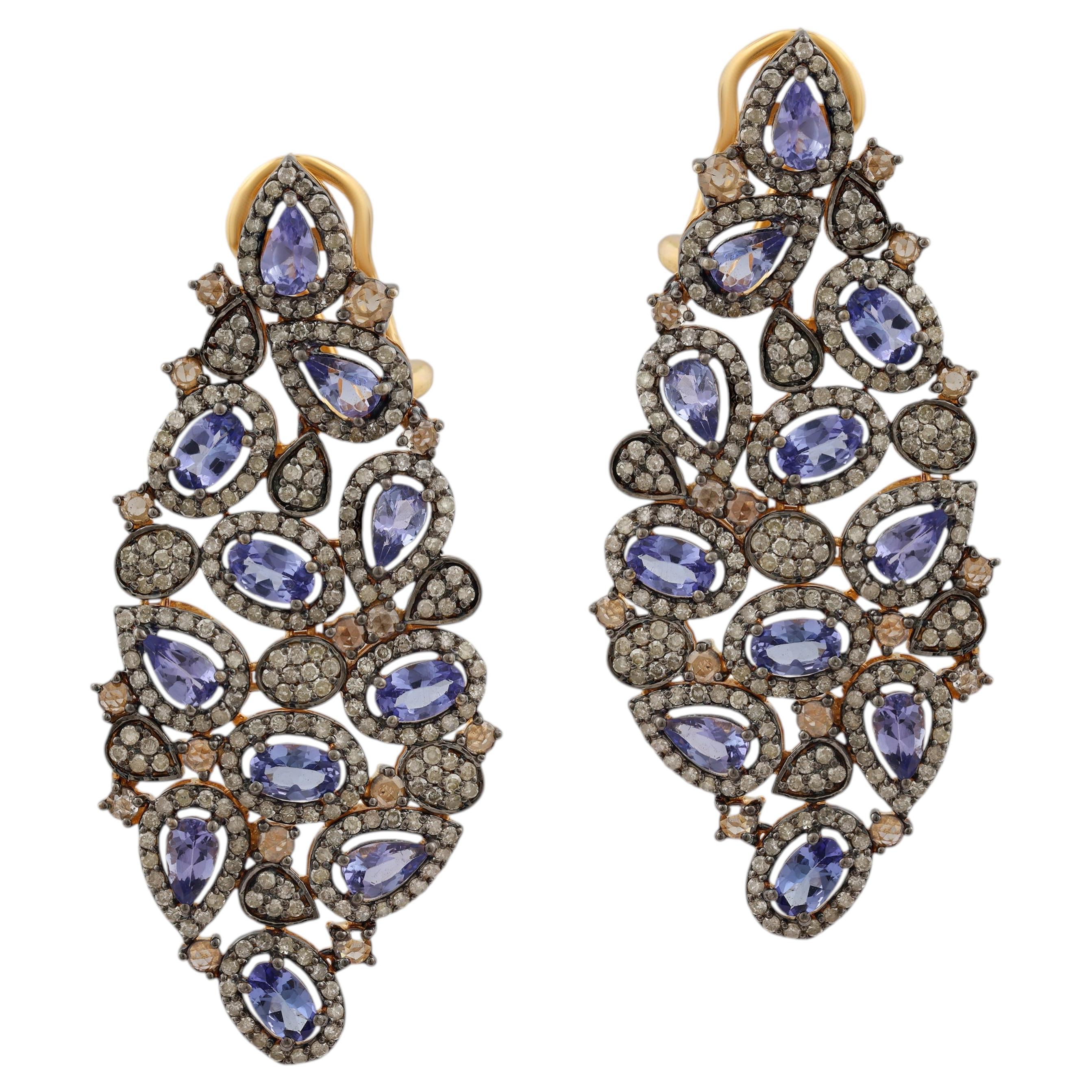 Art Deco Tanzanite and Diamond Openwork Drop Earrings in Silver and 18K Gold For Sale