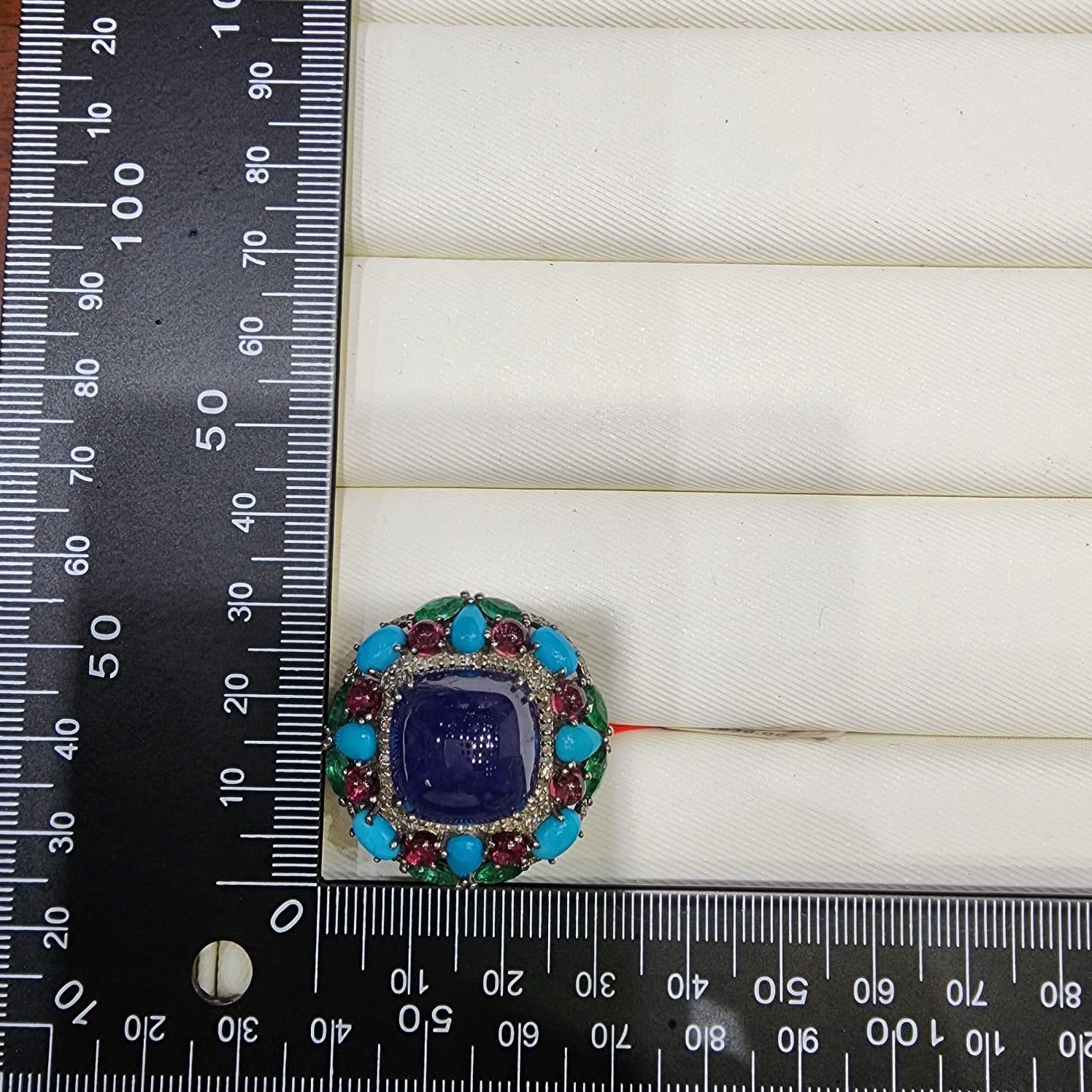 Art Deco Tanzanite & Emerald 35.2Ct and 0.57Ct Natural Diamond Ring in Silver 1
