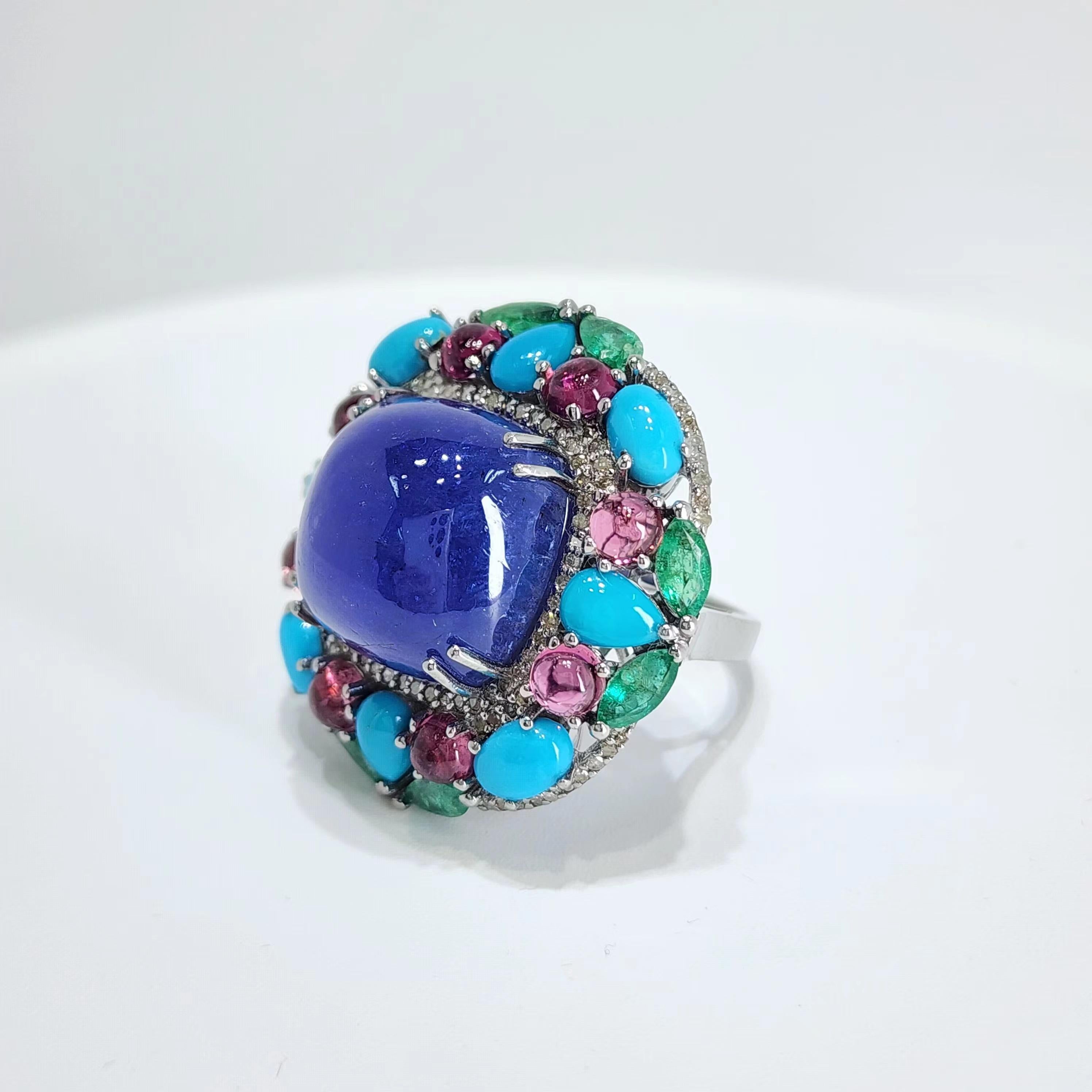 Women's Art Deco Tanzanite & Emerald 35.2Ct and 0.57Ct Natural Diamond Ring in Silver For Sale