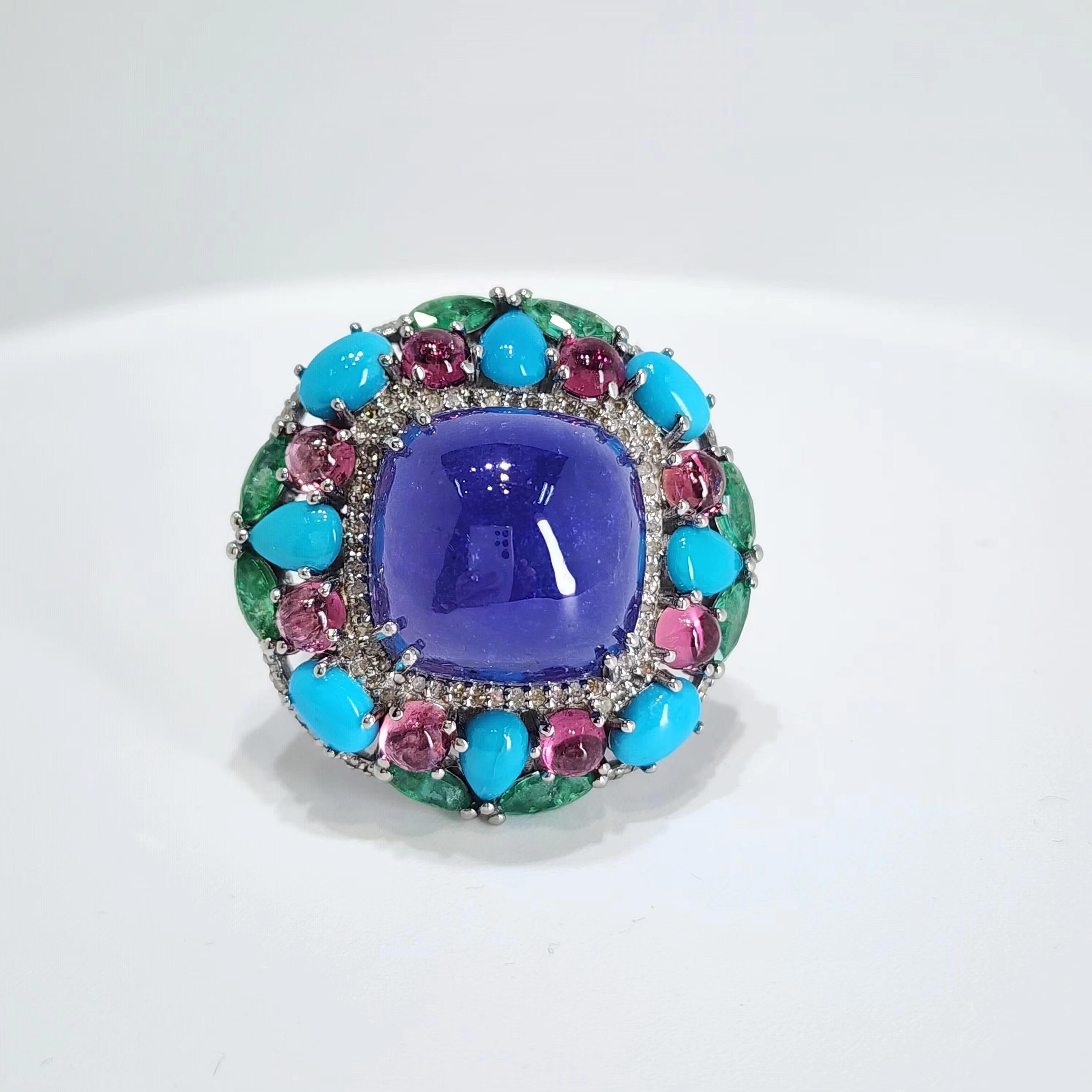 Art Deco Tanzanite & Emerald 35.2Ct and 0.57Ct Natural Diamond Ring in Silver For Sale 1