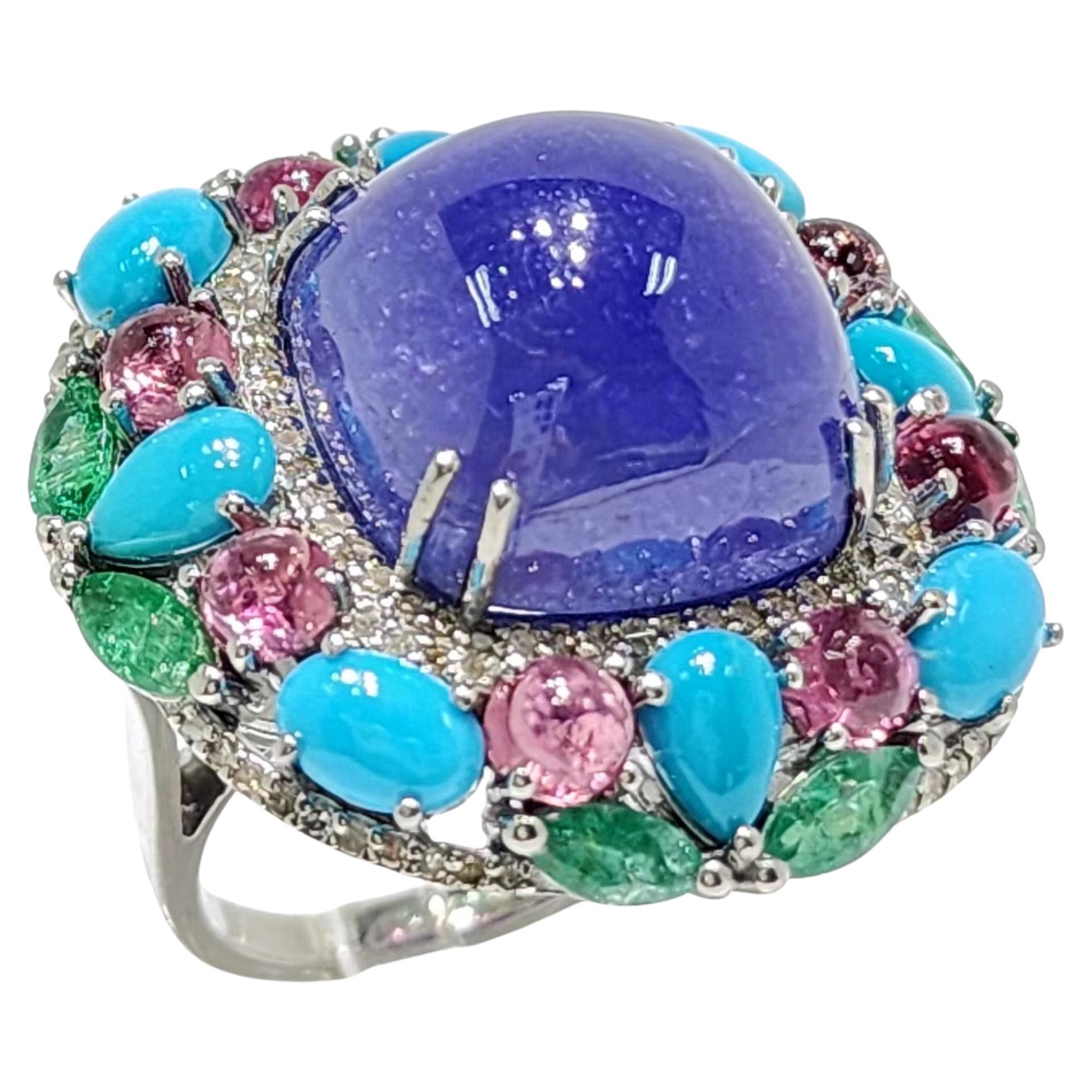 Art Deco Tanzanite & Emerald 35.2Ct and 0.57Ct Natural Diamond Ring in Silver For Sale