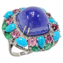 Art Deco Tanzanite & Emerald 35.2Ct and 0.57Ct Natural Diamond Ring in Silver