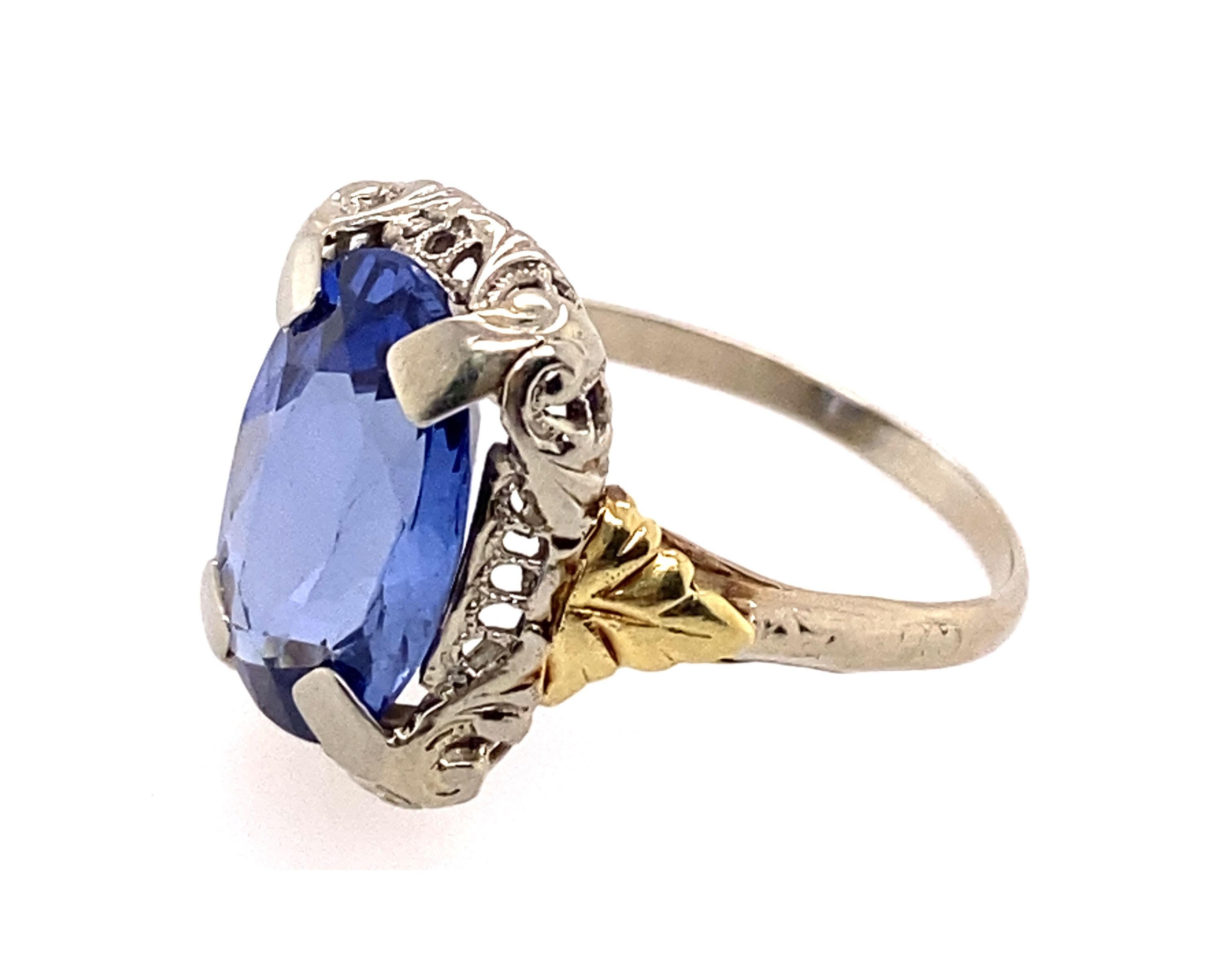 Art Deco Tansanit Ring 8,50 Karat Oval Grünes Gold Blätter 14K Vintage Antik (Ovalschliff)
