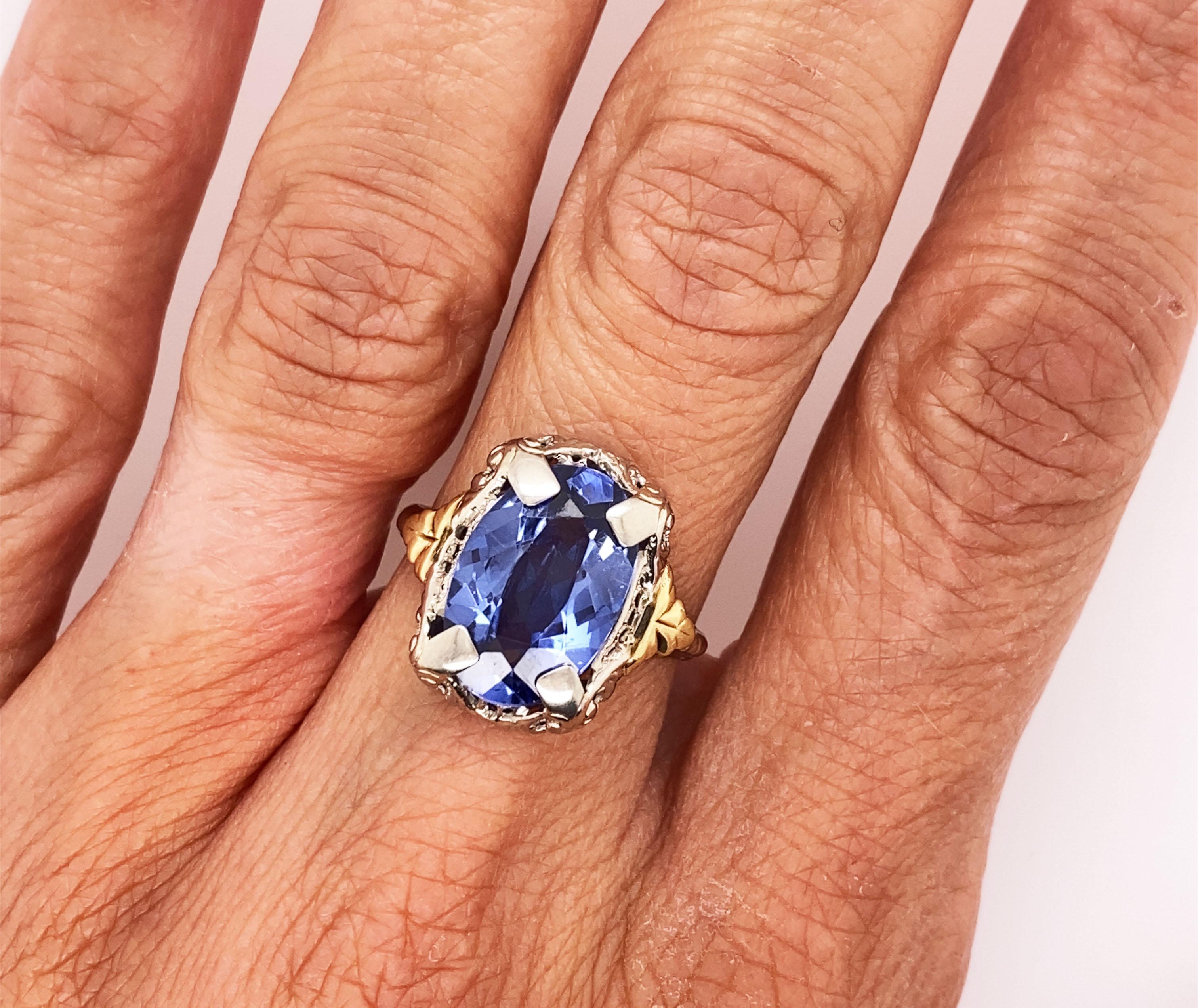 Art Deco Tansanit Ring 8,50 Karat Oval Grünes Gold Blätter 14K Vintage Antik Damen