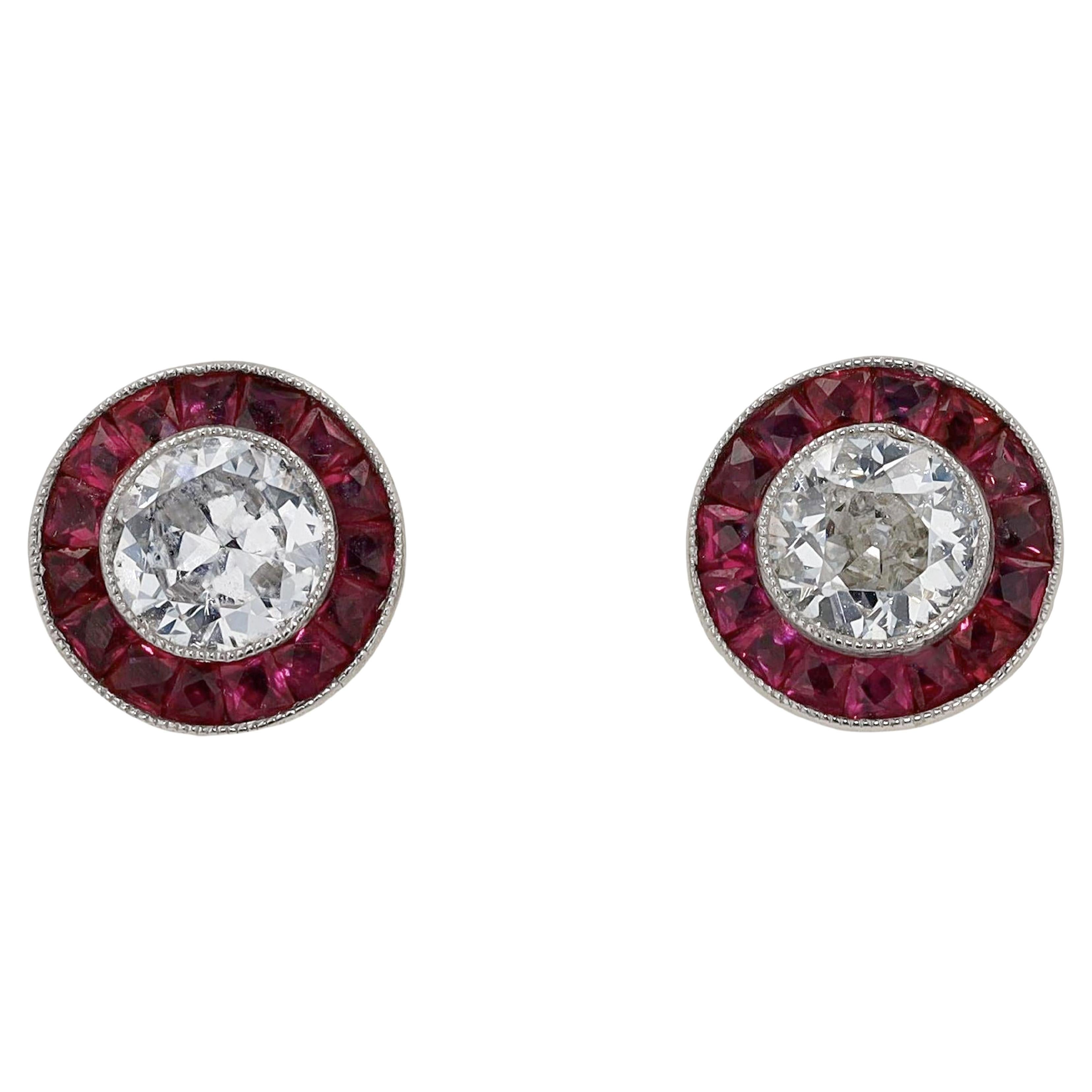 Art Deco Target Style 3/4 Carat Diamond Ruby Stud Earrings
