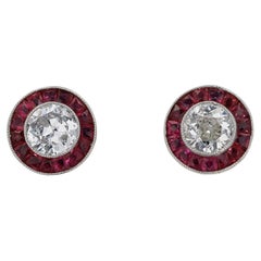 Art Deco Target Style 3/4 Carat Diamond Ruby Stud Earrings