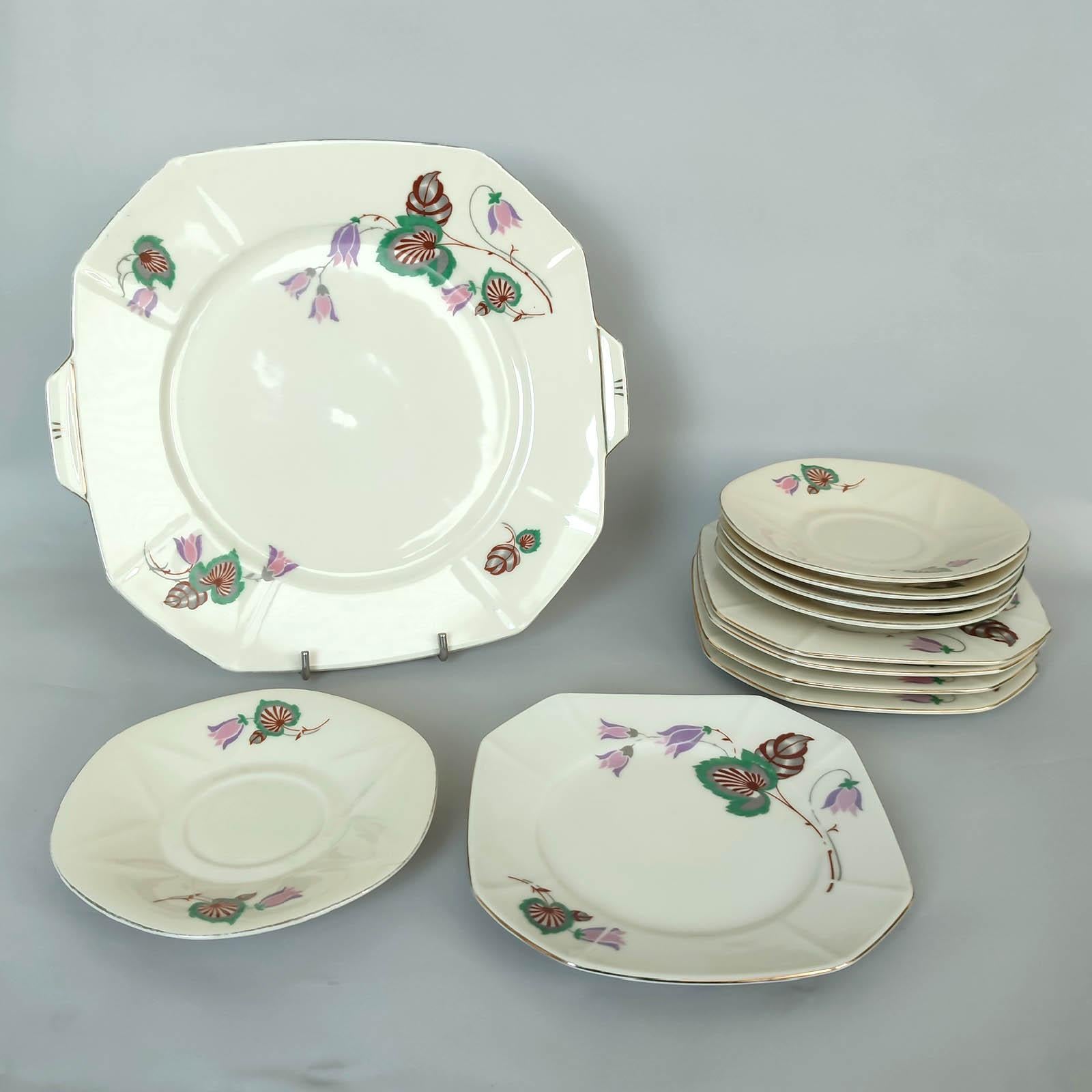 Milieu du XXe siècle Service à thé, café, dessert Art Déco, porcelaine, Victoria, Tchécoslovaquie, années 1930 en vente