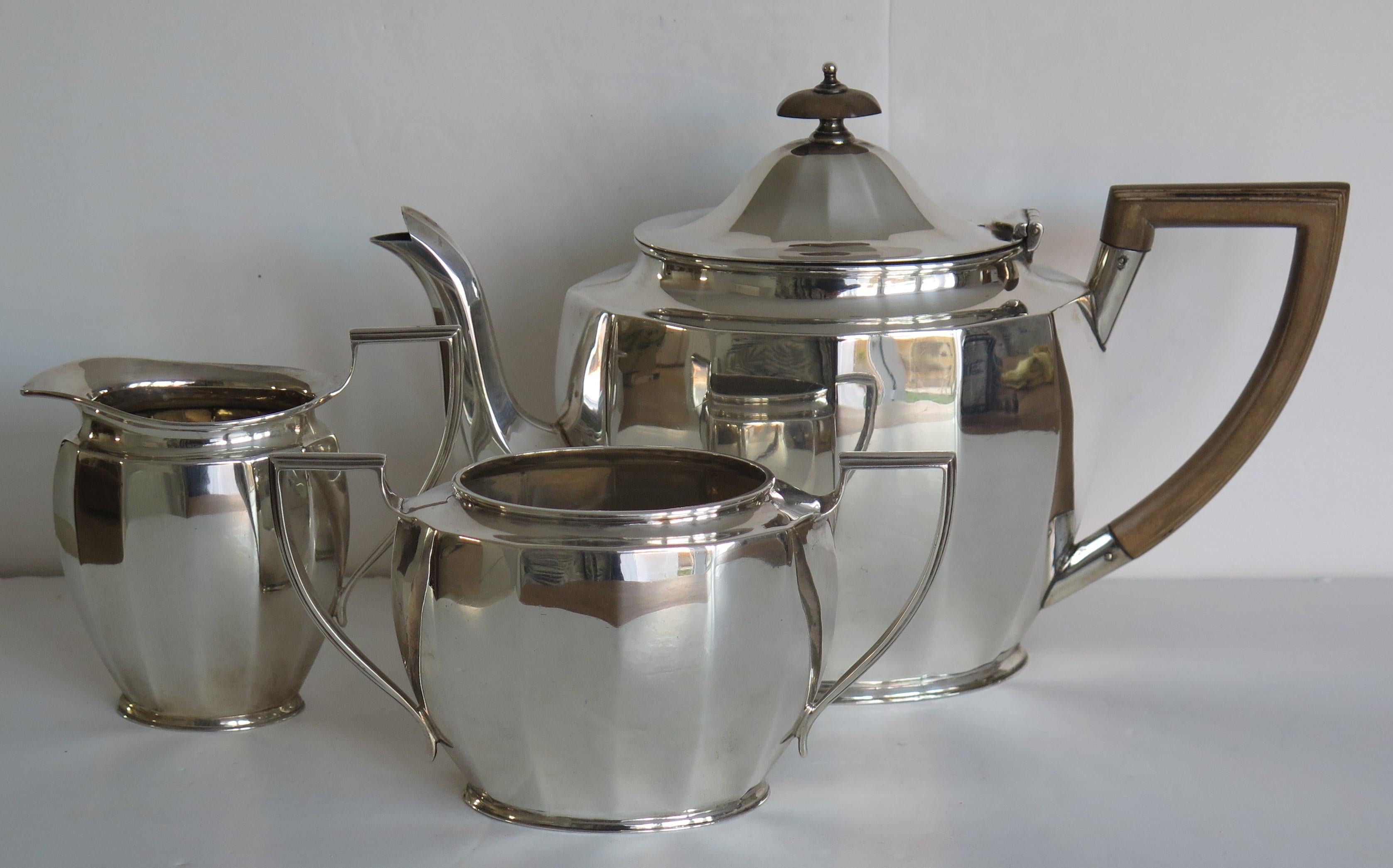 English Art Deco Tea Set 3-Piece Sterling Silver Fine Quality, Sheffield England, 1930 For Sale