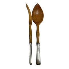 Art Deco Teak & .925 Etruscan Sterling Handle Salad Tongs Utensils Silverware