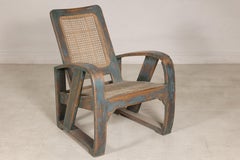 Art Deco Teak and Cane Lounge Chair with Traces of Blue Paint