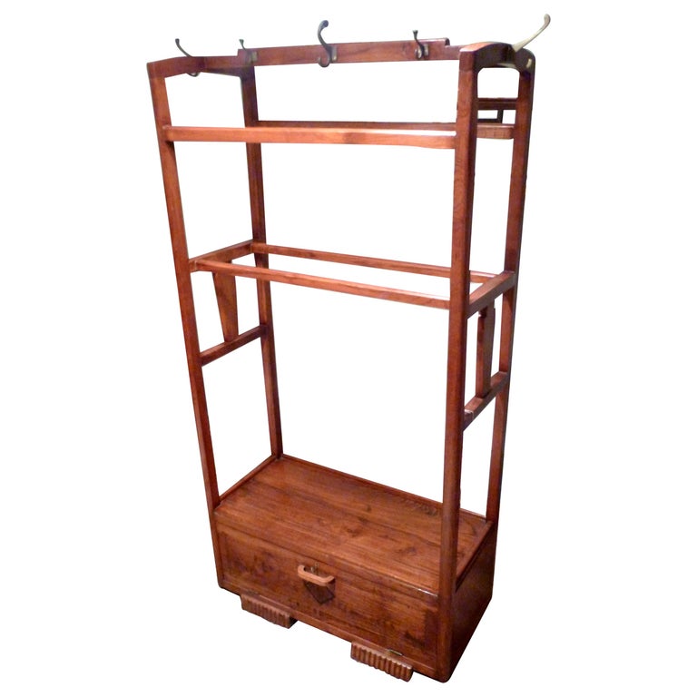 Art Deco Teak Coat Rack Hat Stand Bench Locking Cabinet For Sale at 1stDibs