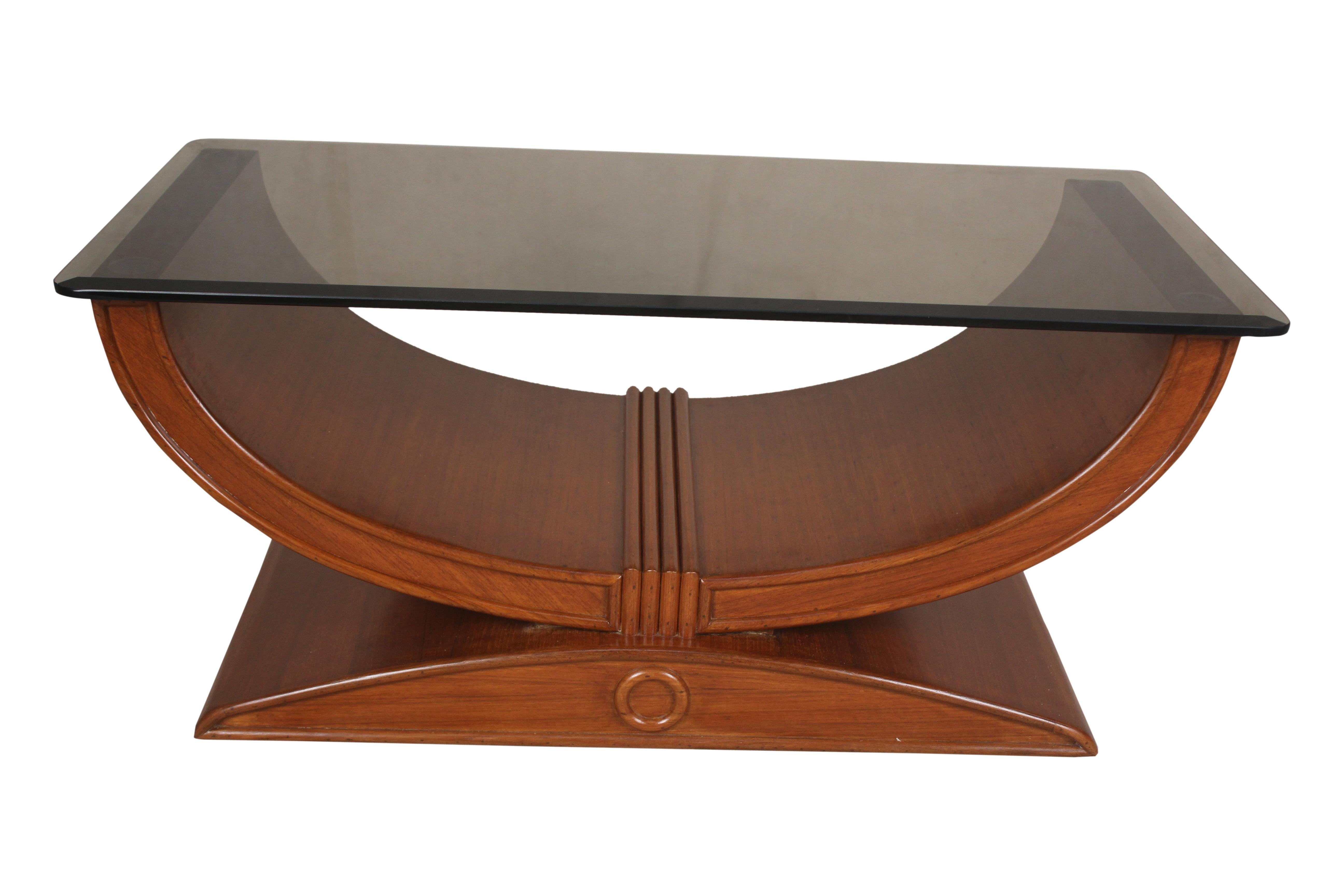 An outstanding U-shaped teak wood cocktail or coffee table from the Art Deco period. Features a beveled, smoked glass top. The generous size could also make a great console table or credenza for a flat screen television. European.