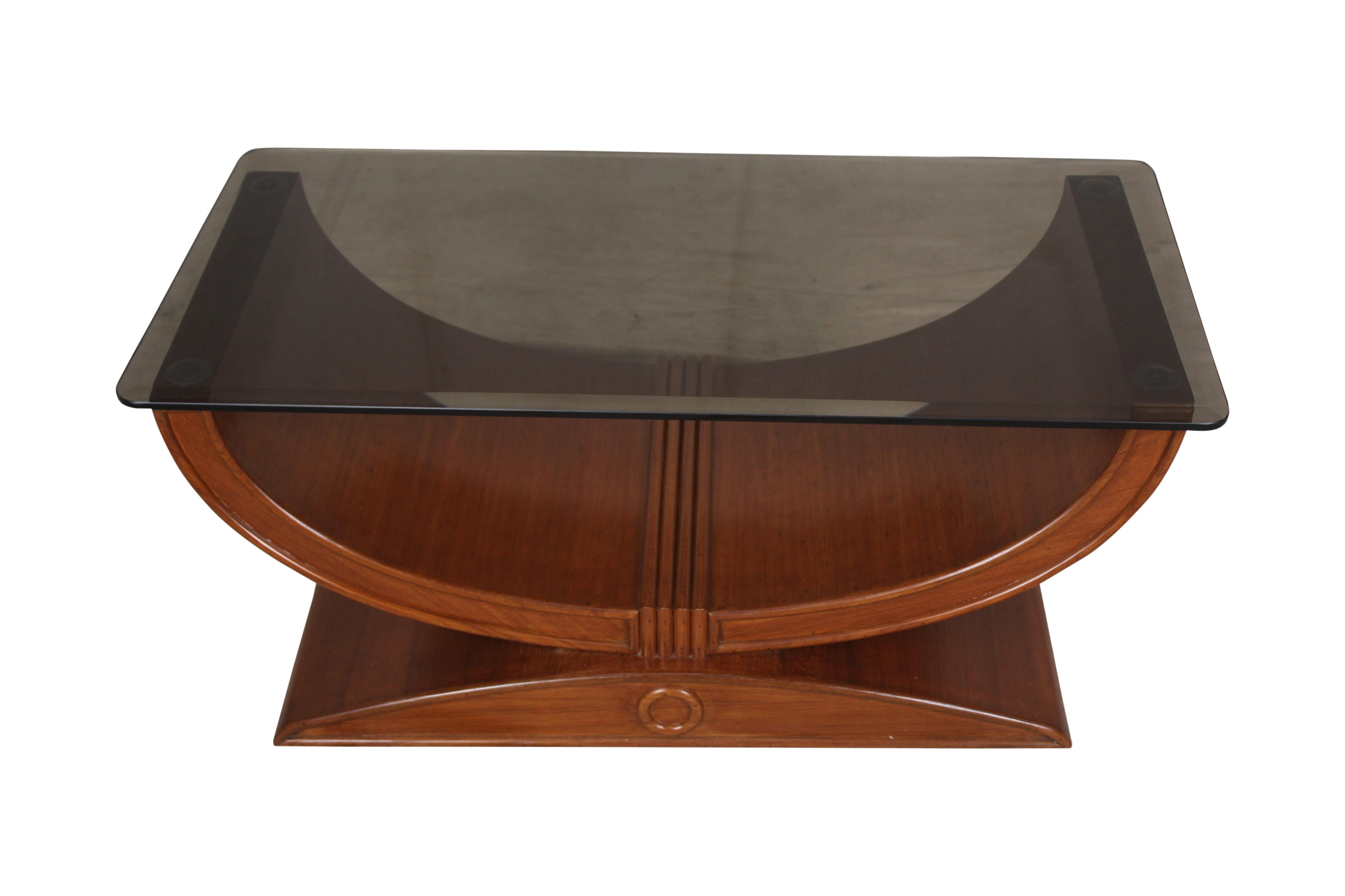 Beveled Art Deco Teak Coffee or Cocktail Table with Smoked Glass Top
