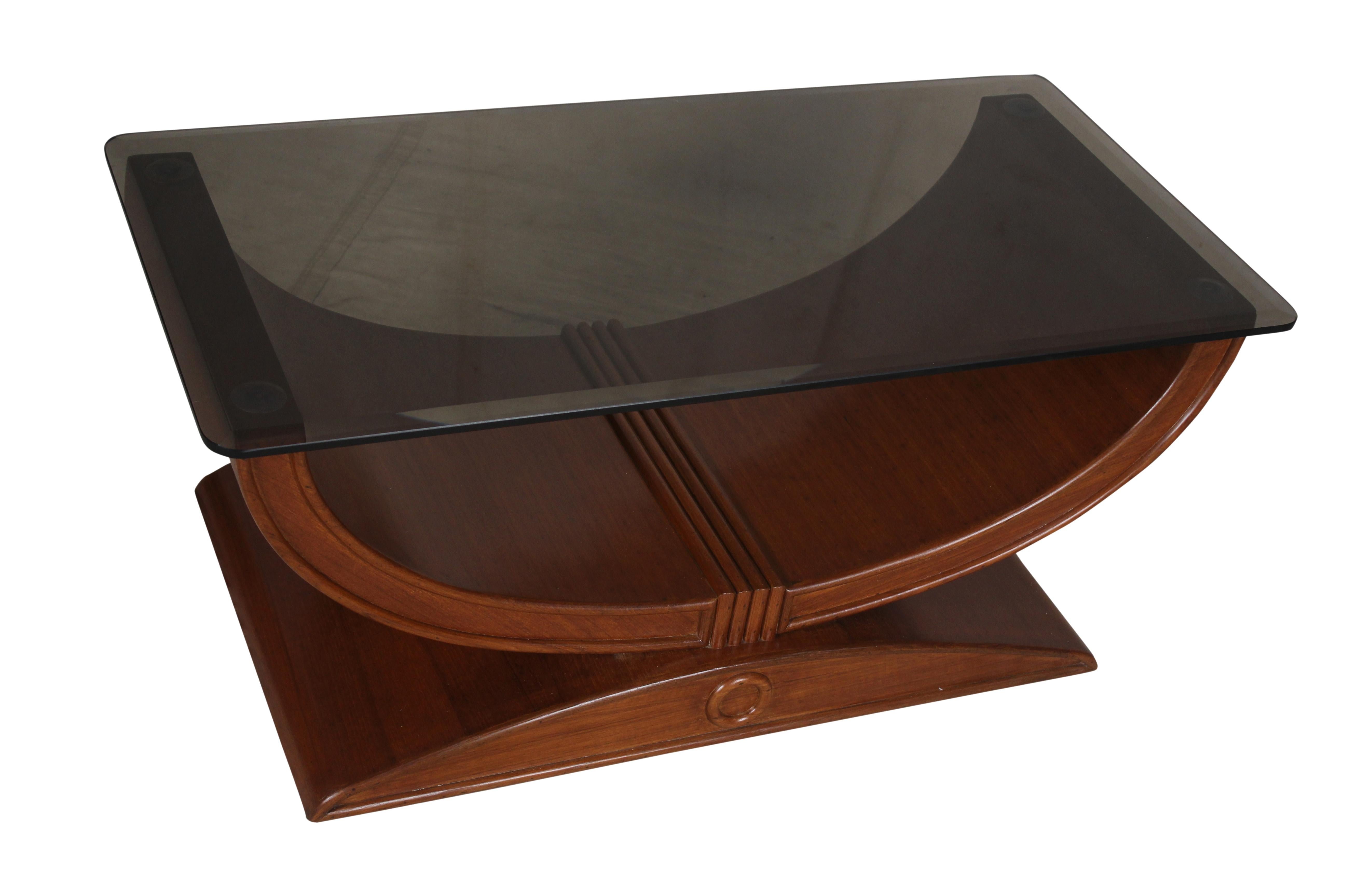 Art Deco Teak Coffee or Cocktail Table with Smoked Glass Top In Good Condition In Nantucket, MA