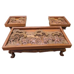 Antique Art Deco Teak Coffee Table Set Carved with Elephants