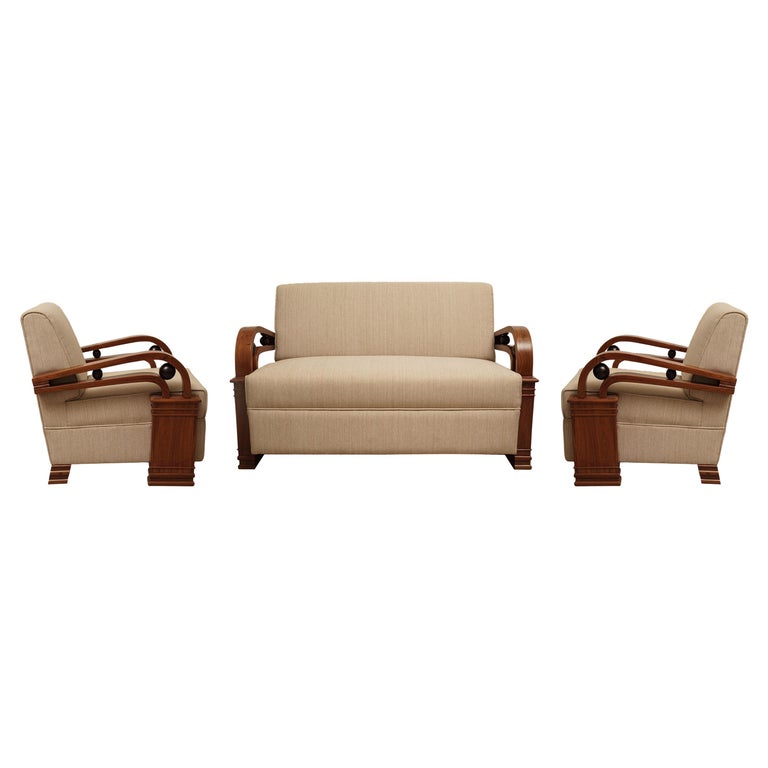 Art Deco Teak Living Room Set, Love Seat and Pair of Club Chairs