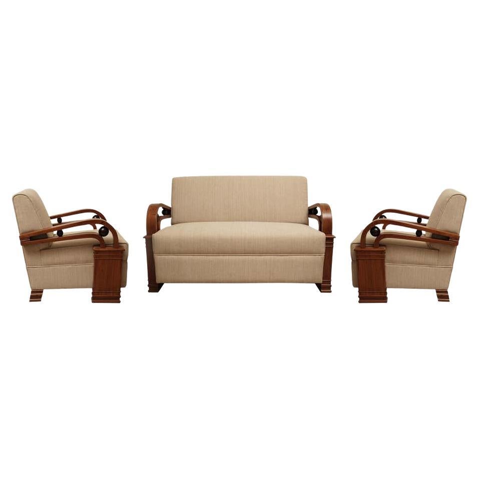 Art Deco Teak Living Room Set, Love Seat and Pair of Club Chairs, European For Sale