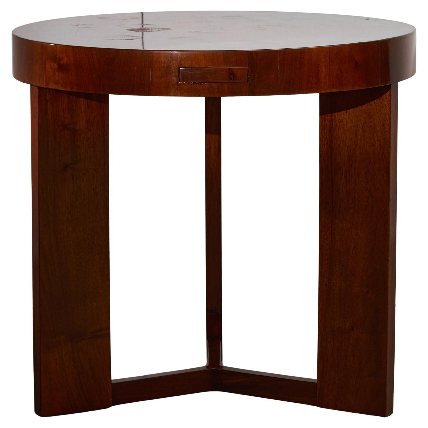 Art Deco Teak Round Table with Pull-Out Ashtray Tabs For Sale