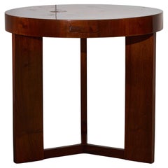 Antique Art Deco Teak Round Table with Pull-Out Ashtray Tabs