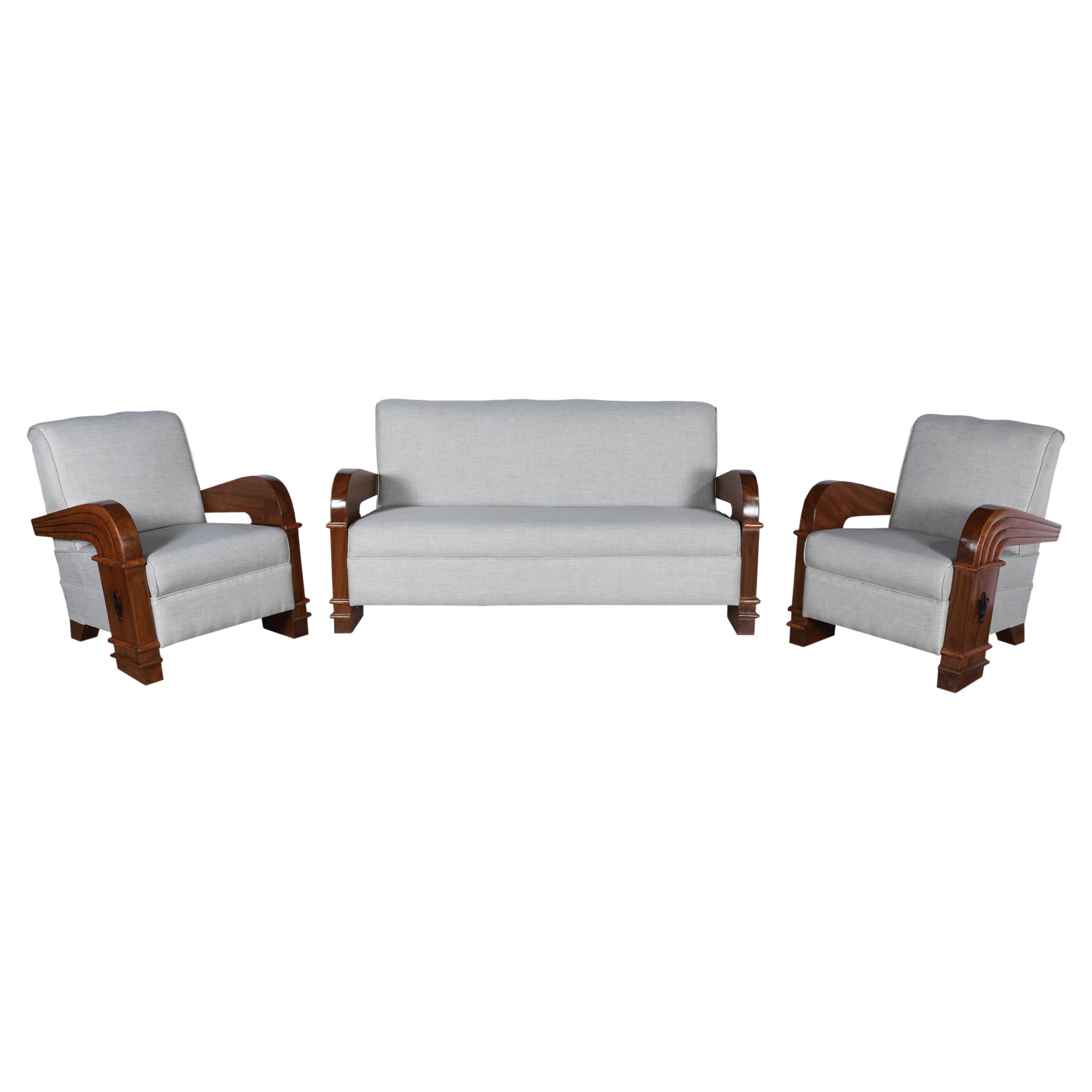 Art Deco Teak Suite of a Sofa and Two Chairs