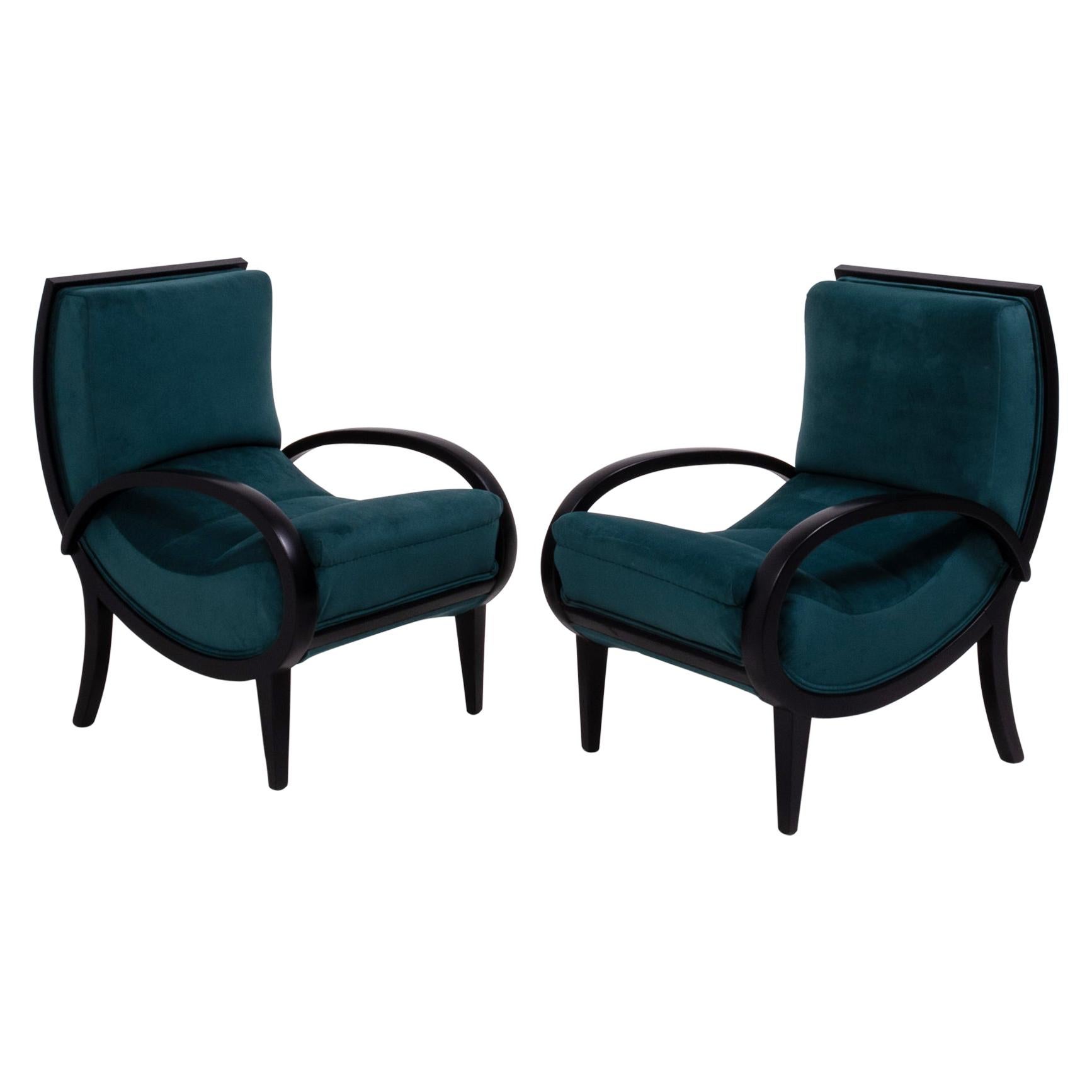 Art Deco Teal Velvet and Bentwood Armchairs, 1920s, Set of 2