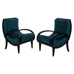 Antique Art Deco Teal Velvet and Bentwood Armchairs, 1920s, Set of 2