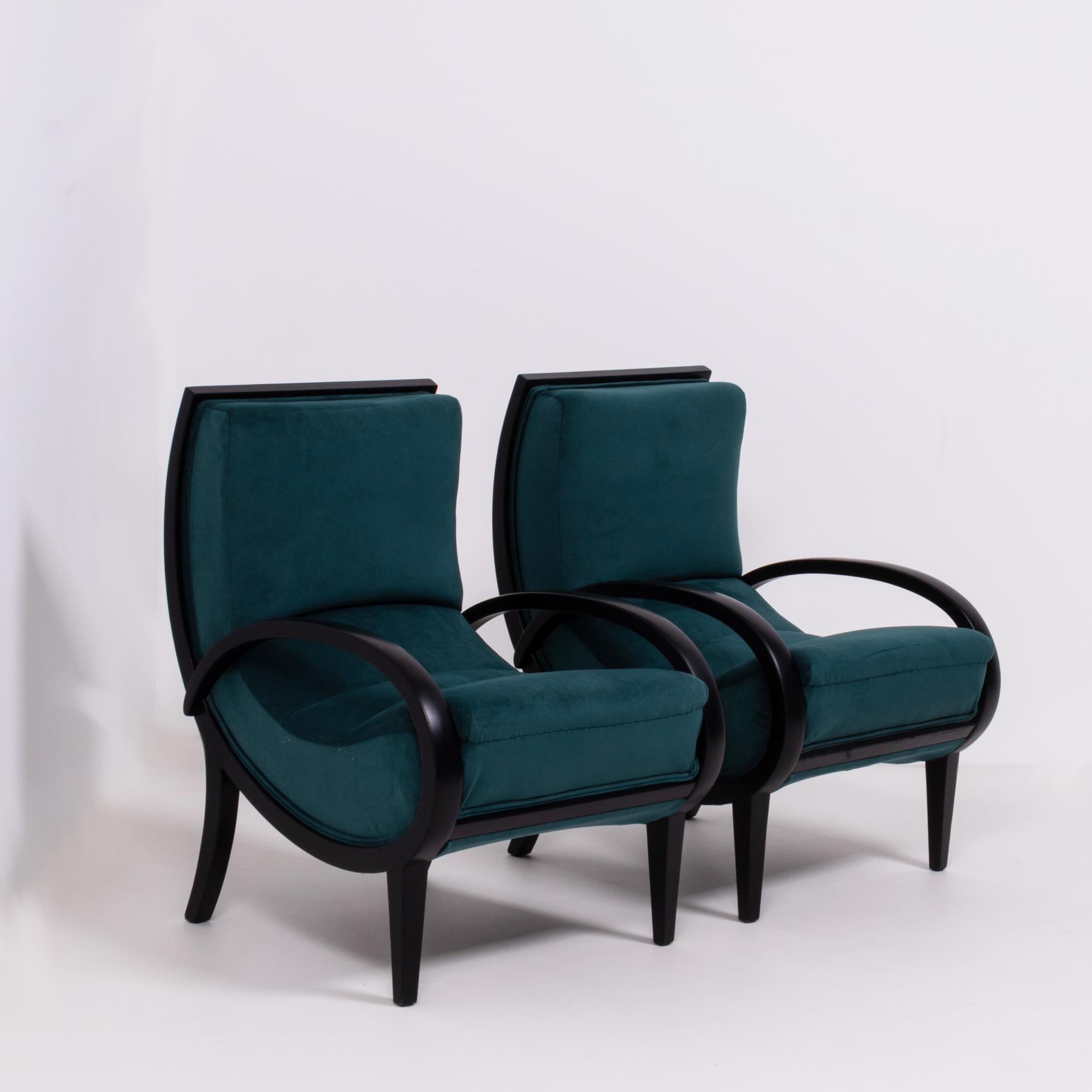 Early 20th Century Art Deco Teal Velvet and Bentwood Armchairs, 1920s, Set of 2