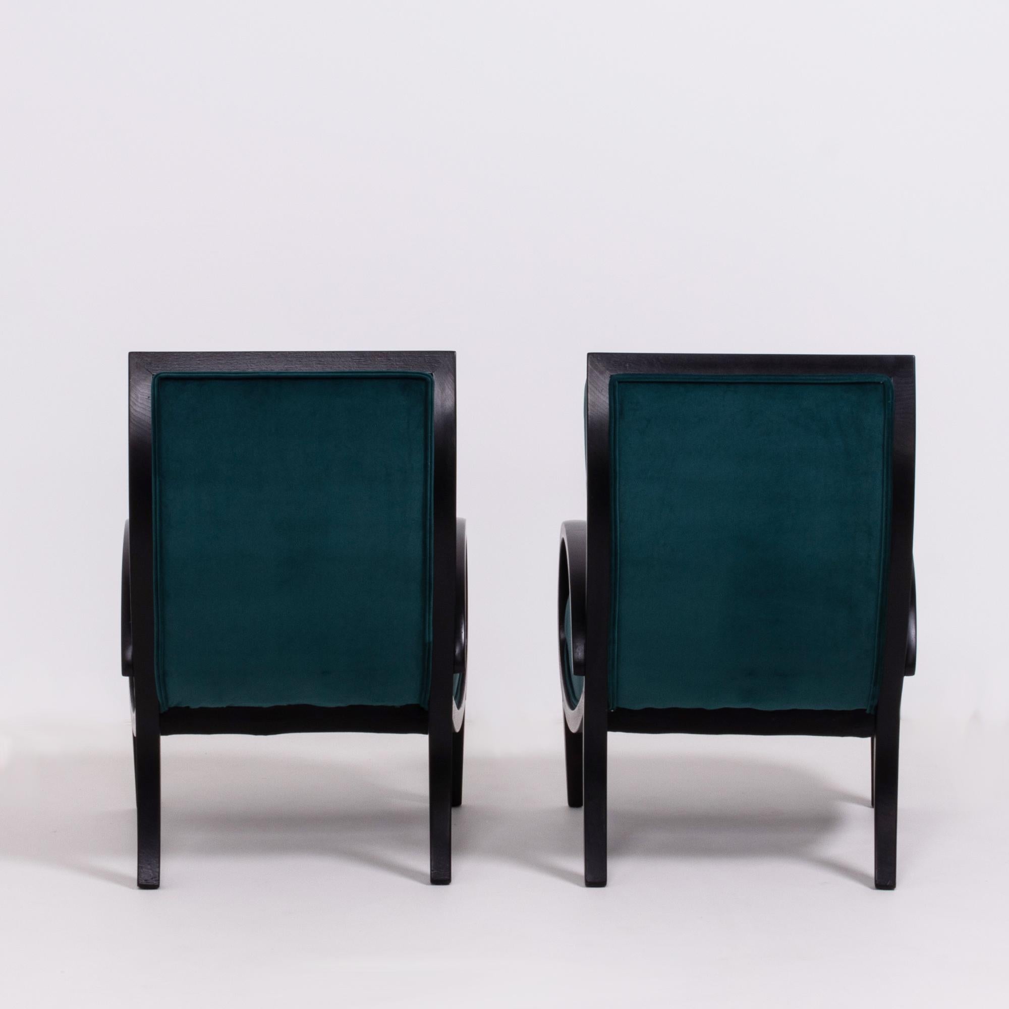 Art Deco Teal Velvet and Bentwood Armchairs, 1920s, Set of 2 1
