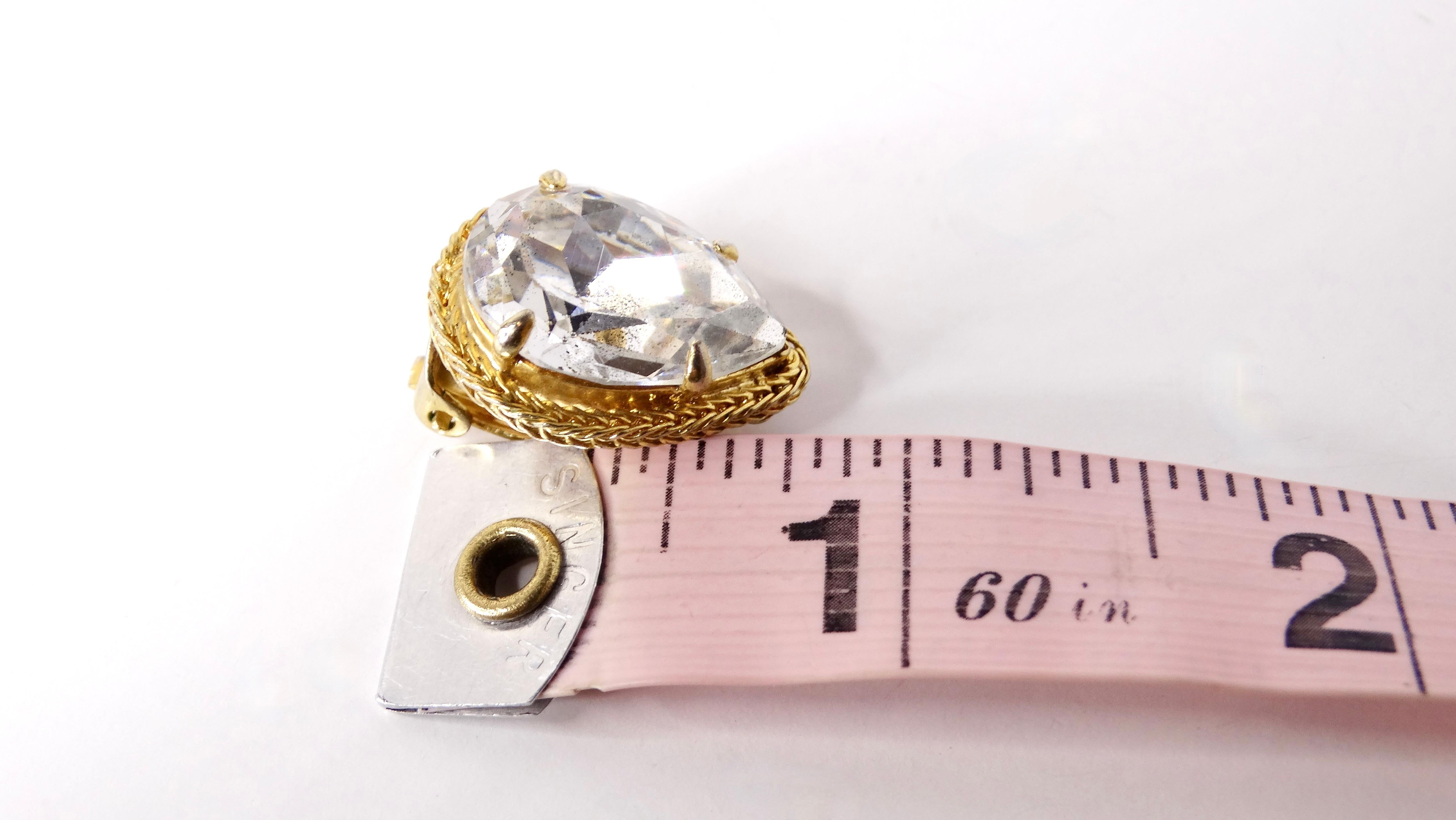 Art Deco Tear Drop Costume Crystal 18k Gold Plated Braided Clip On Earrings In Fair Condition For Sale In Scottsdale, AZ